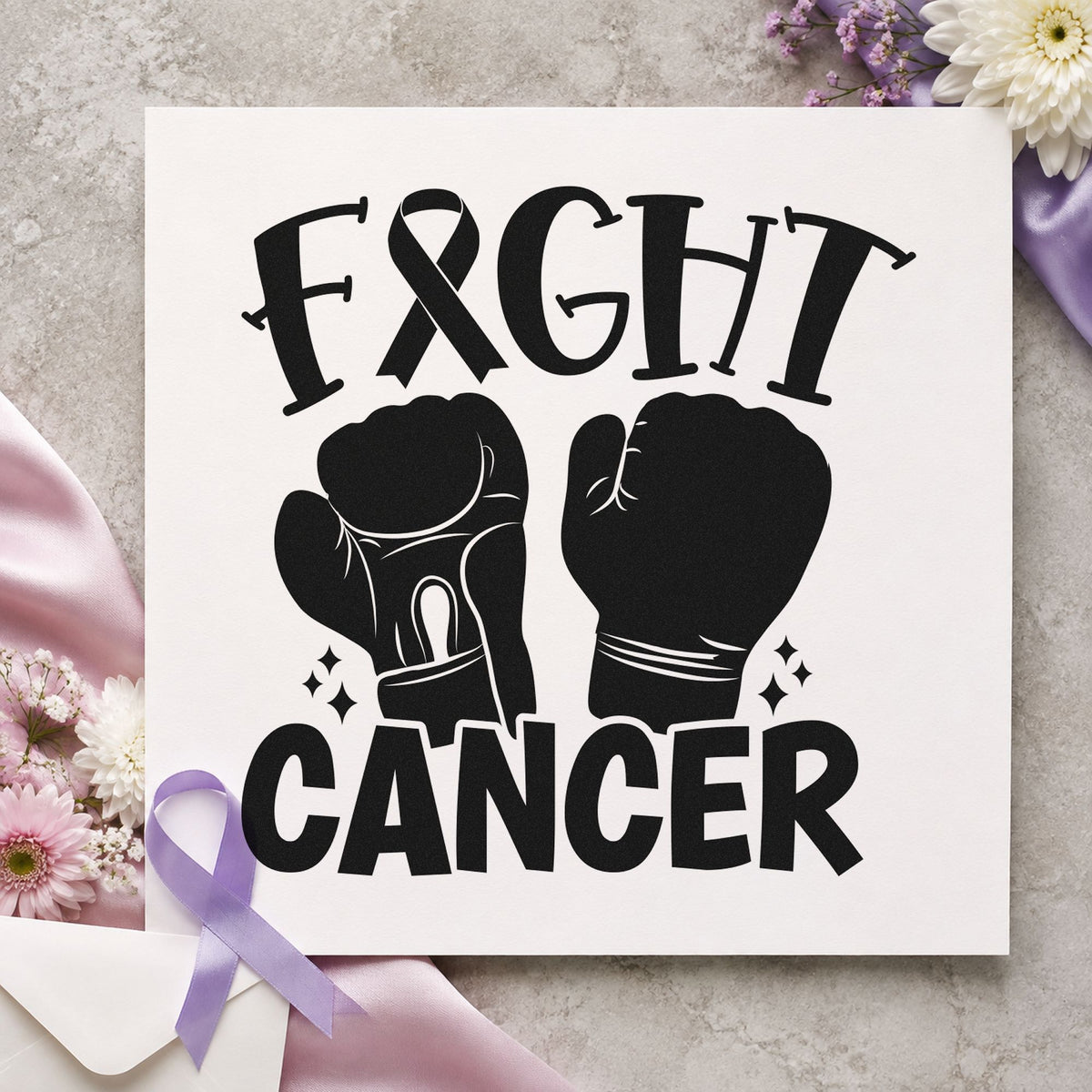 Fight Cancer Boxing Gloves rubber stamp printed in black ink, ready for fight night cards and similar paper crafts.