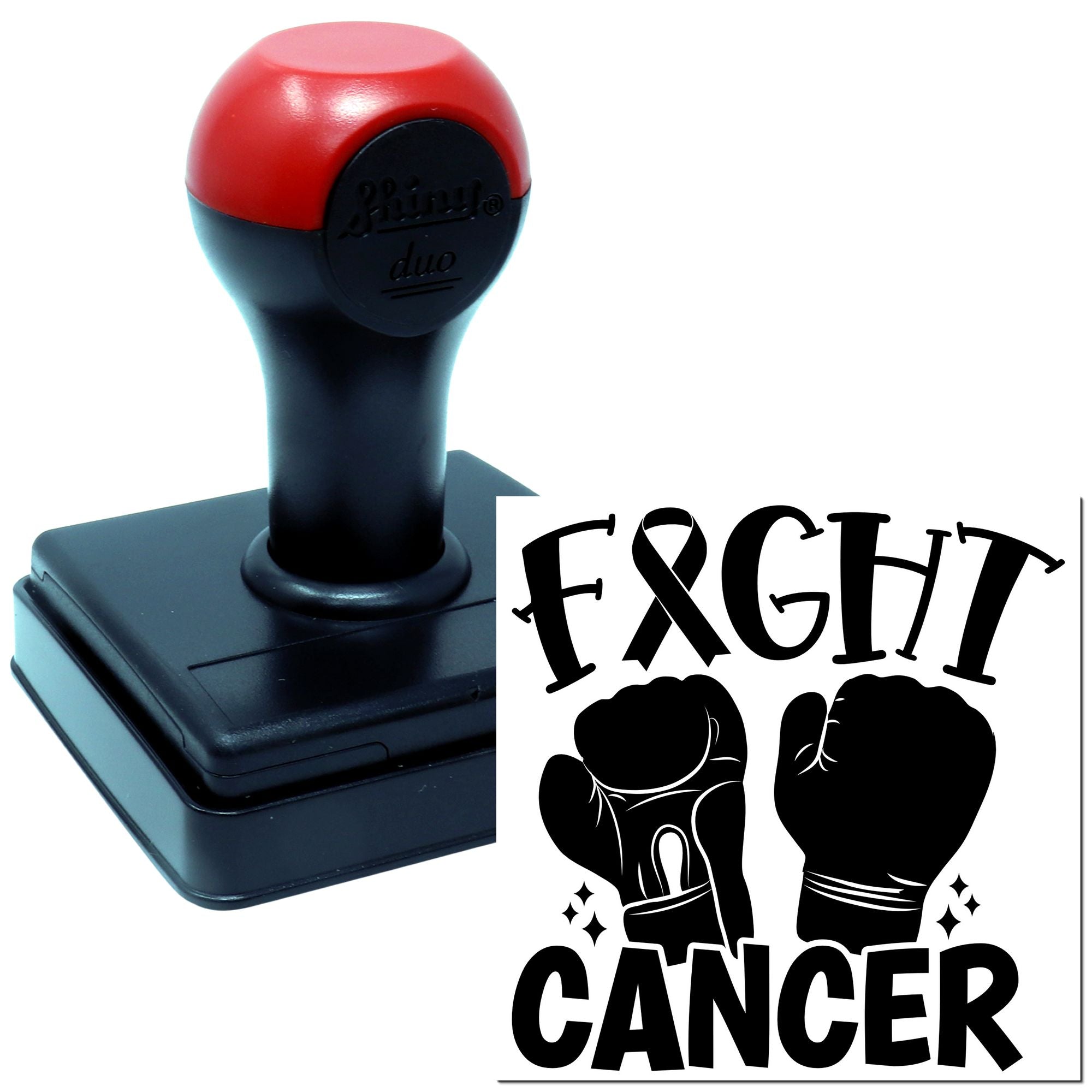 Self-inking rubber stamp with Fight Cancer awareness design, featuring boxing gloves and ribbon for fundraising or support.