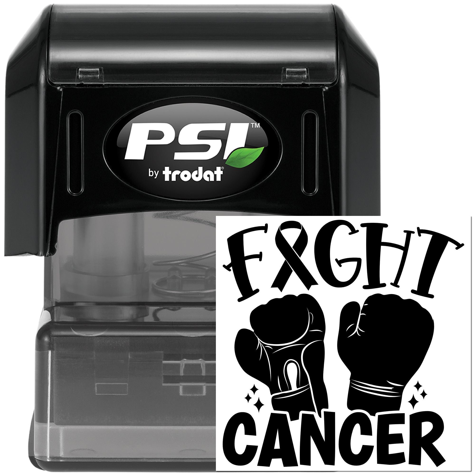 PSI by Trodat self-inking rubber stamp with Fight Cancer boxing gloves design for cancer awareness campaigns
