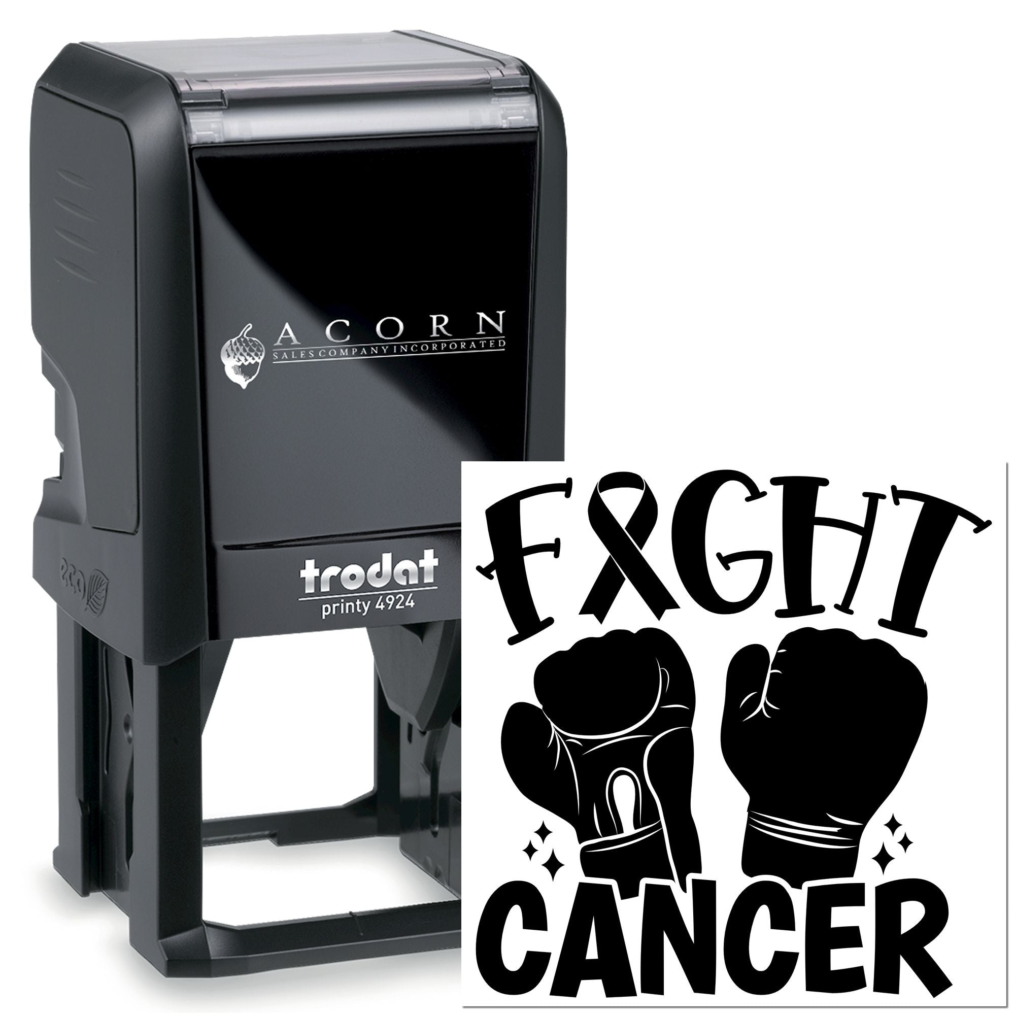 Trodat Printy 4924 self-inking rubber stamp with custom Fight Cancer boxing glove design for cancer awareness.