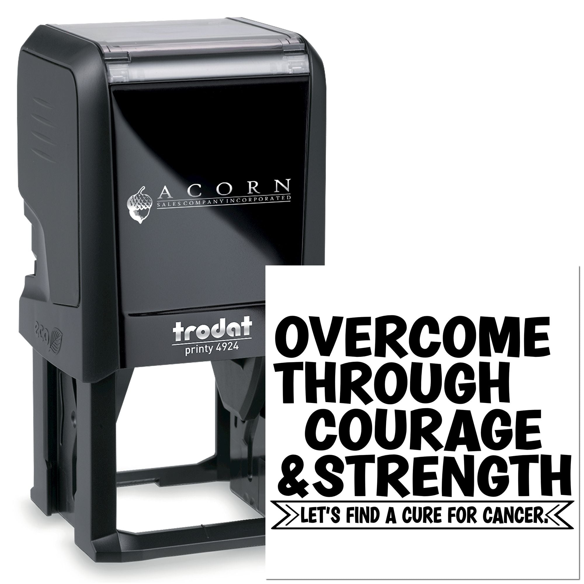 Custom self-inking rubber stamp featuring Overcome through courage & strength cancer awareness message.