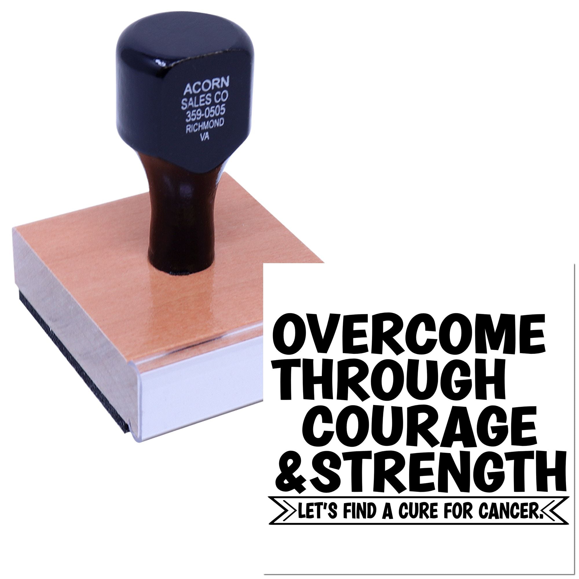 Custom rubber stamp with cancer awareness message, Overcome Through Courage & Strength, for fundraising and support.