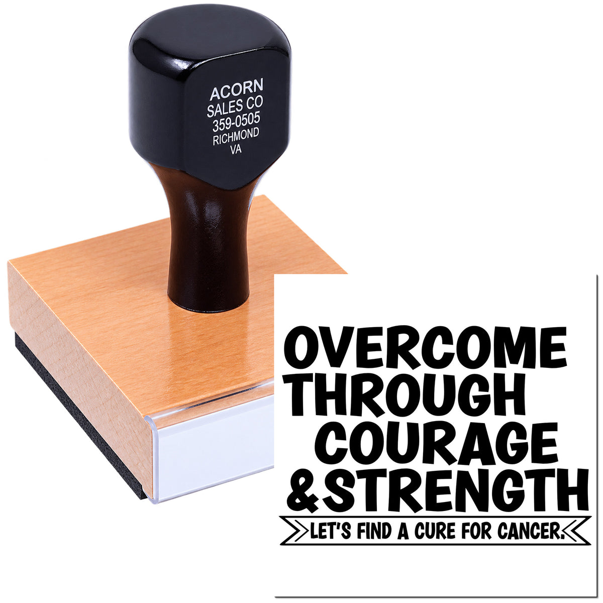 Custom rubber stamp with cancer awareness message, Overcome Through Courage & Strength, for fundraising and support.