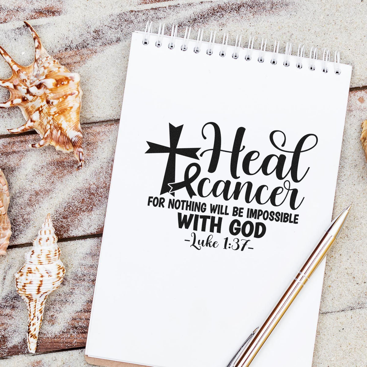 Heal Cancer With God Awareness Ribbon Stamp - Premium Vintage Pro Wooden imprint stamped in black ink. A cross and awareness ribbon accompany "Heal cancer" and a faith quotation attributed to Luke 1:37.