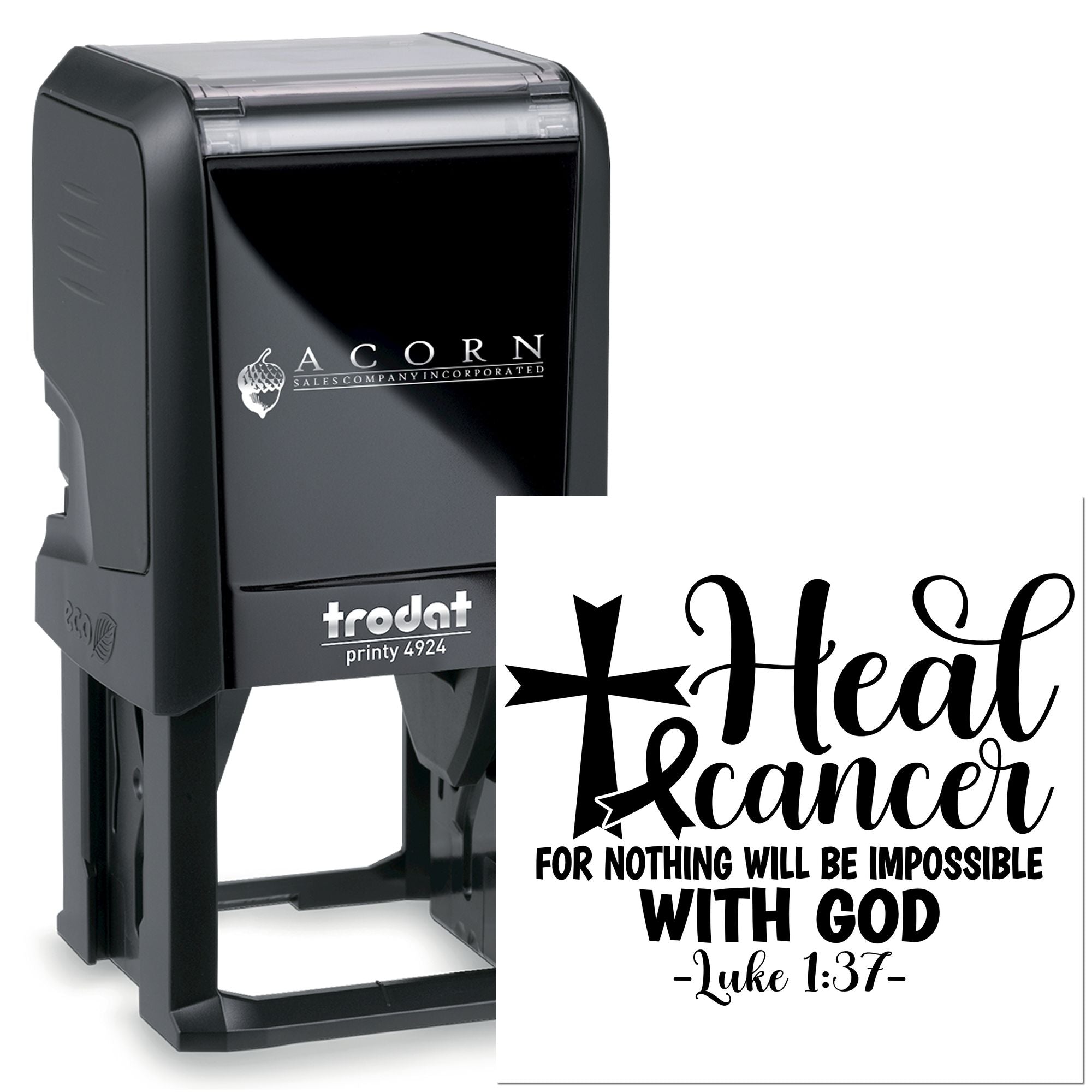 Self-inking custom rubber stamp with Heal Cancer Christian Bible verse design and Luke 1:37 imprint.