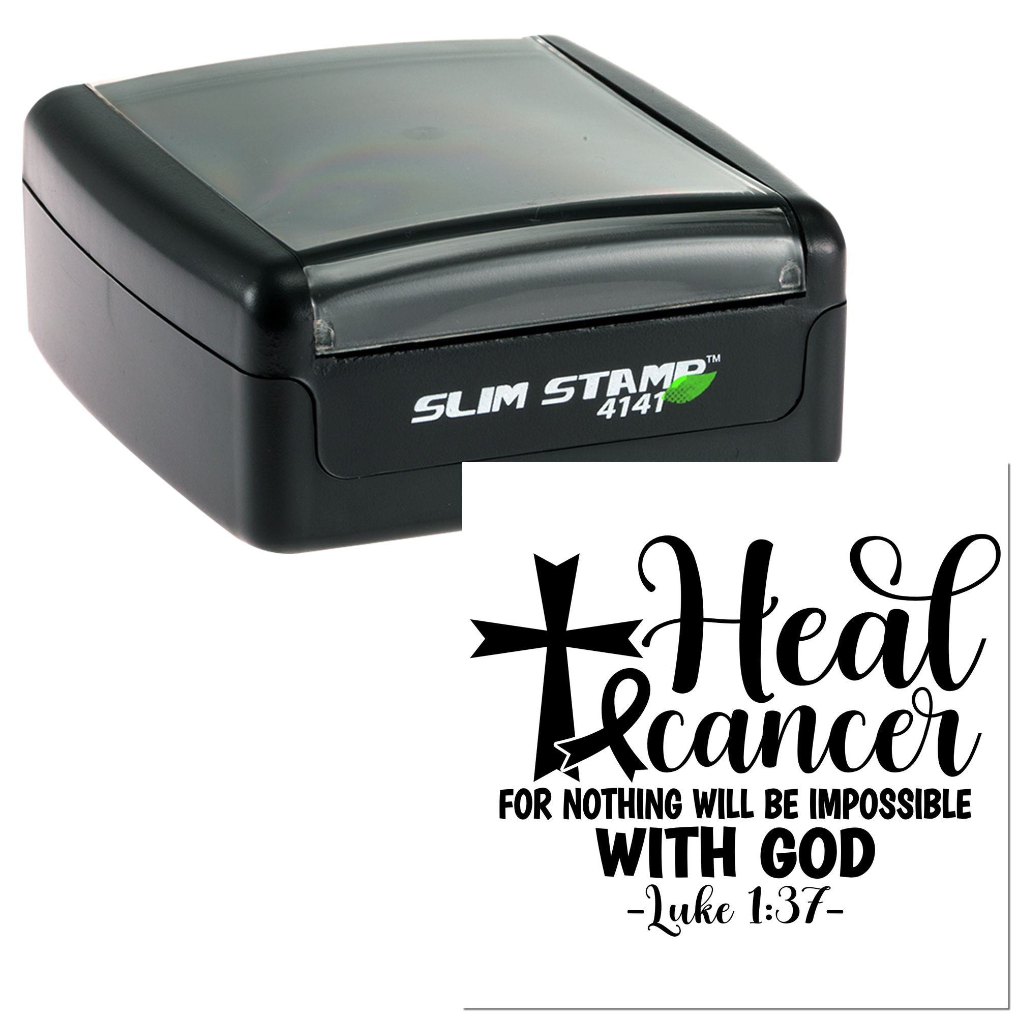 Self-inking rubber stamp with Heal Cancer Christian message and Luke 1:37 scripture design.