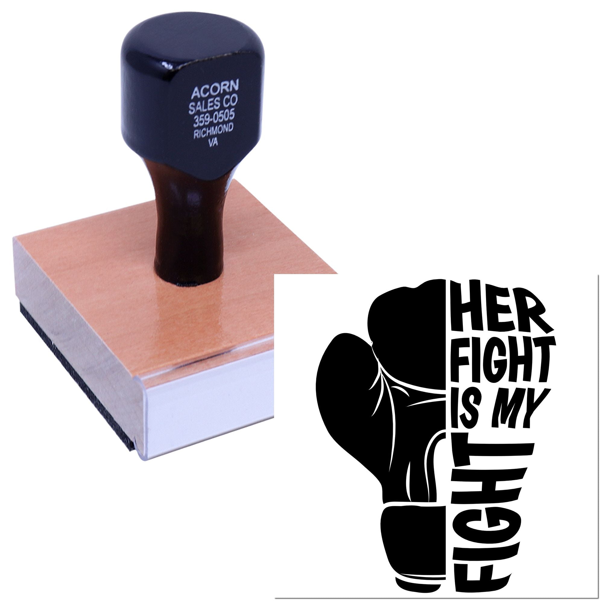 Custom rubber stamp for business branding, showing personalized logo imprint and boxing glove Her Fight Is My Fight design.