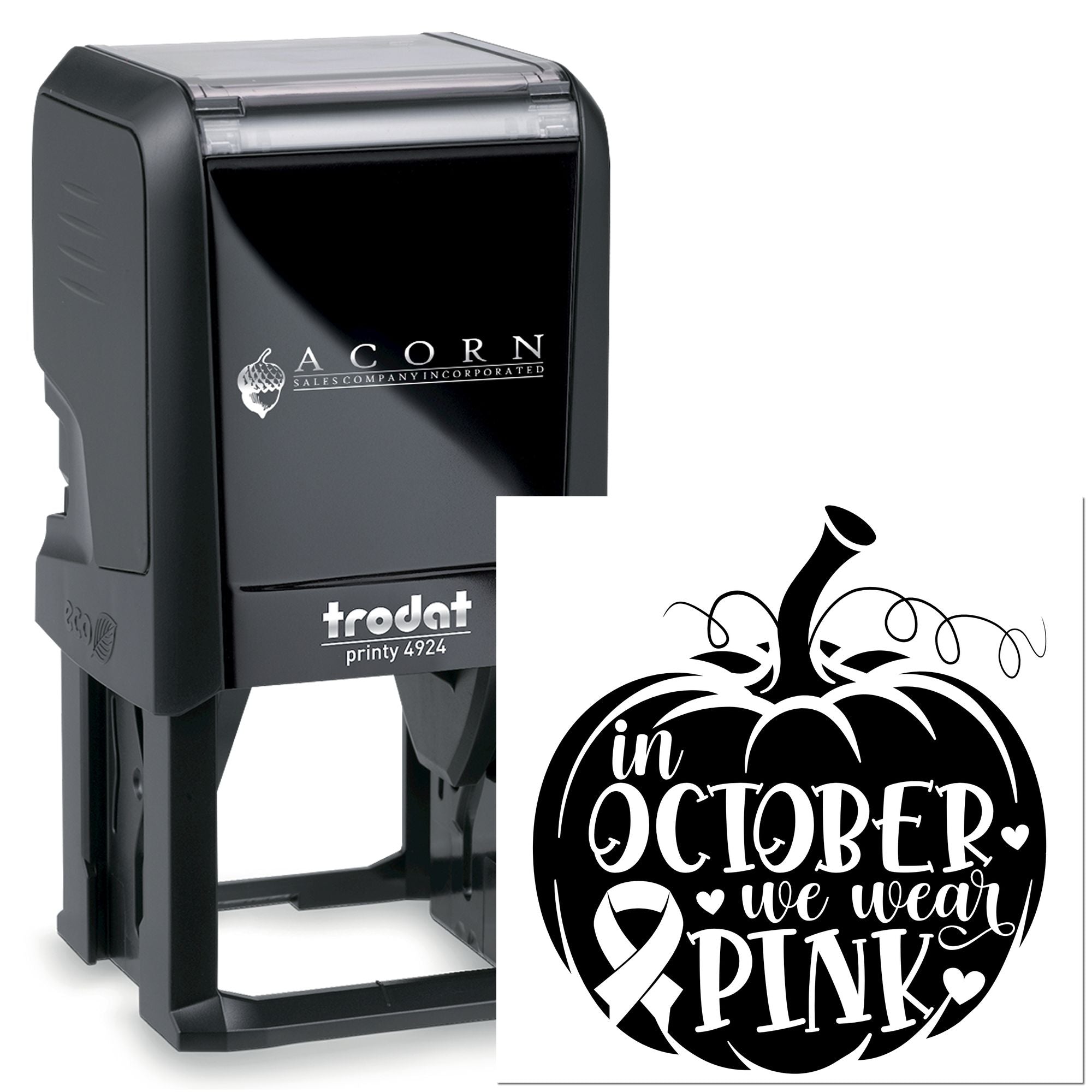 Custom Trodat Printy 4924 self-inking rubber stamp with In October We Wear Pink breast cancer awareness pumpkin design.