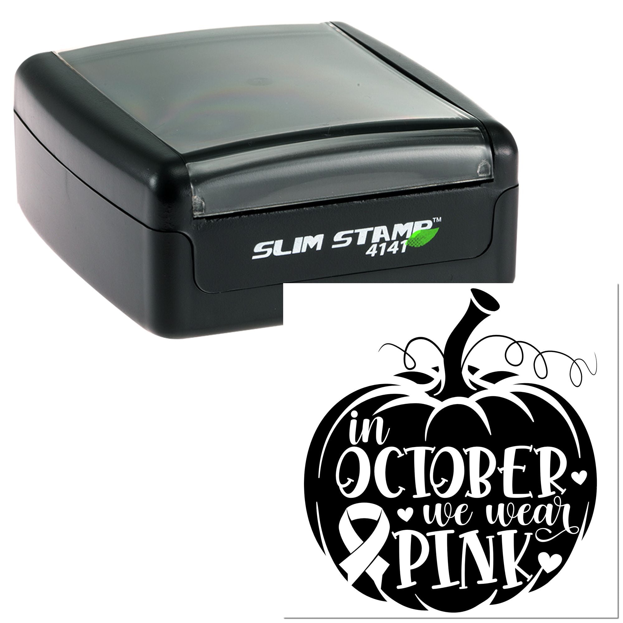 Self-inking rubber stamp with In October We Wear Pink pumpkin design for breast cancer awareness.