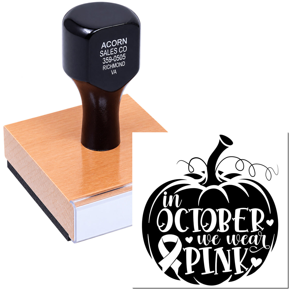Custom rubber stamp with pumpkin In October we wear pink breast cancer awareness design for October events.