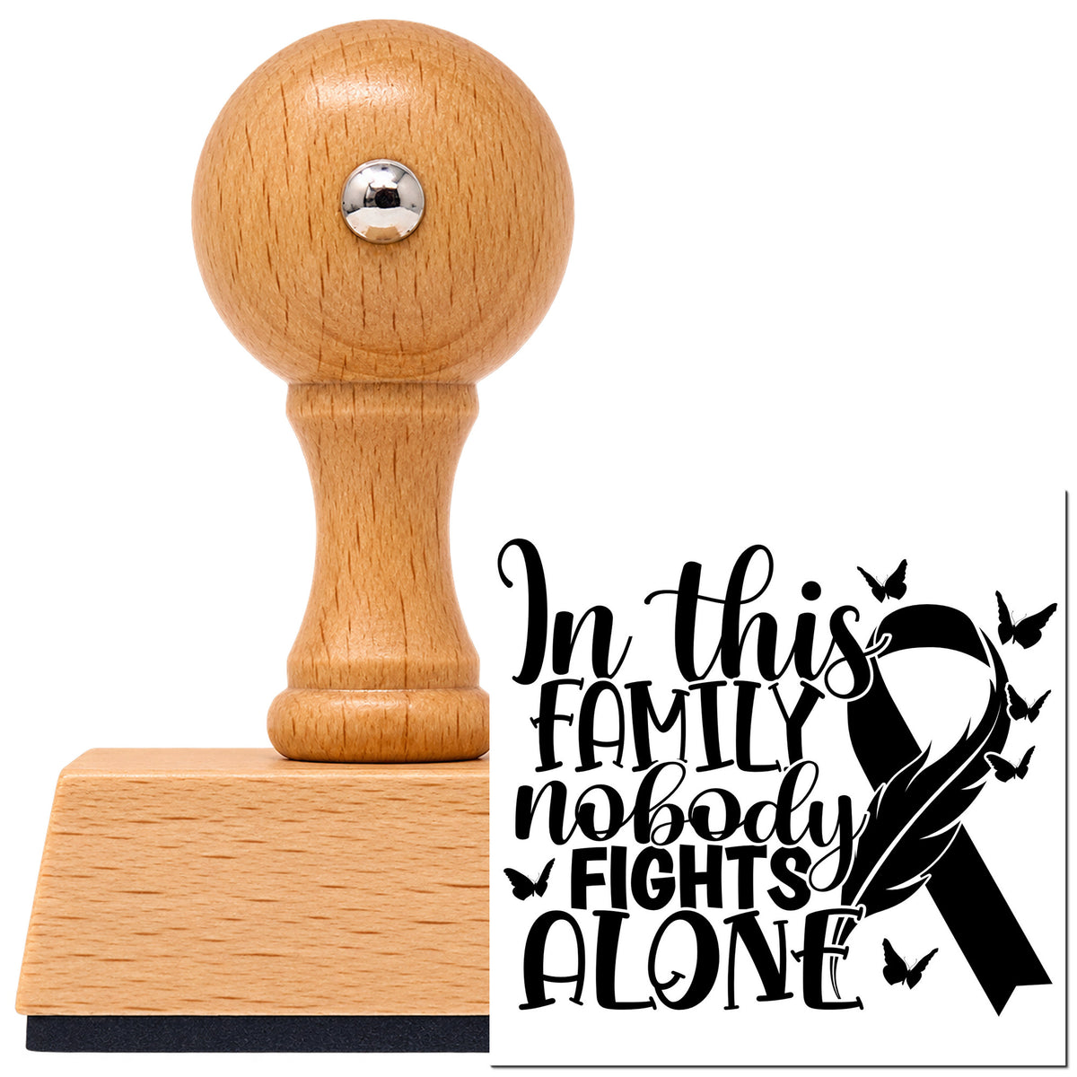 Family Fights Together Vintage Pro rubber stamp in European beech wood with a round knob handle, shown beside its black imprint.