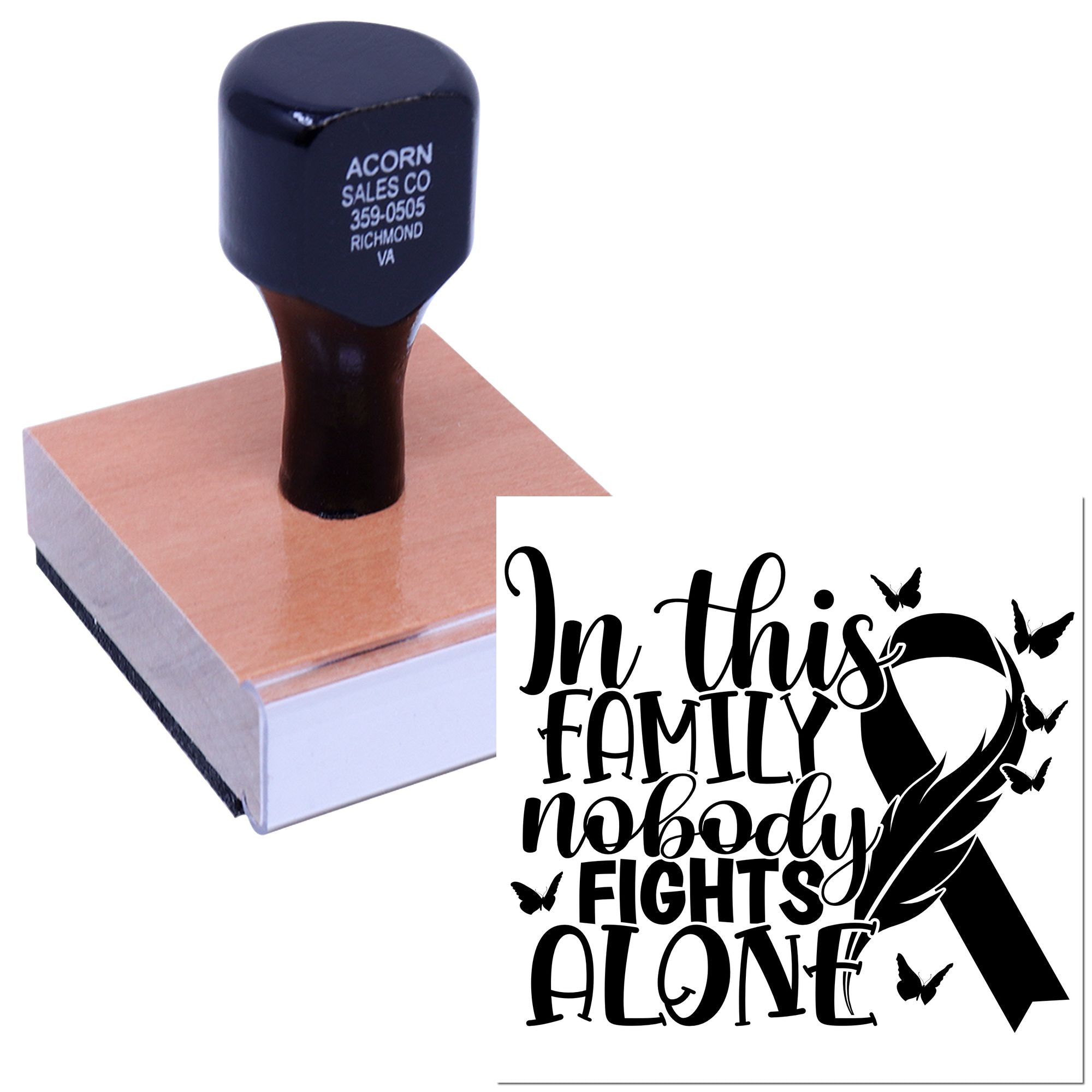Custom rubber stamp with In This Family Nobody Fights Alone ribbon design for family support and awareness projects.