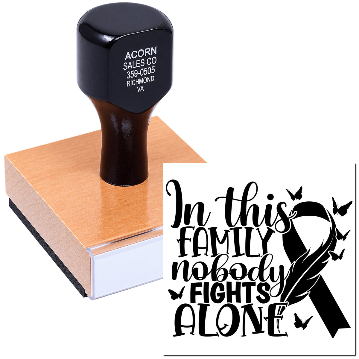 Custom rubber stamp with In This Family Nobody Fights Alone ribbon design for family support and awareness projects.
