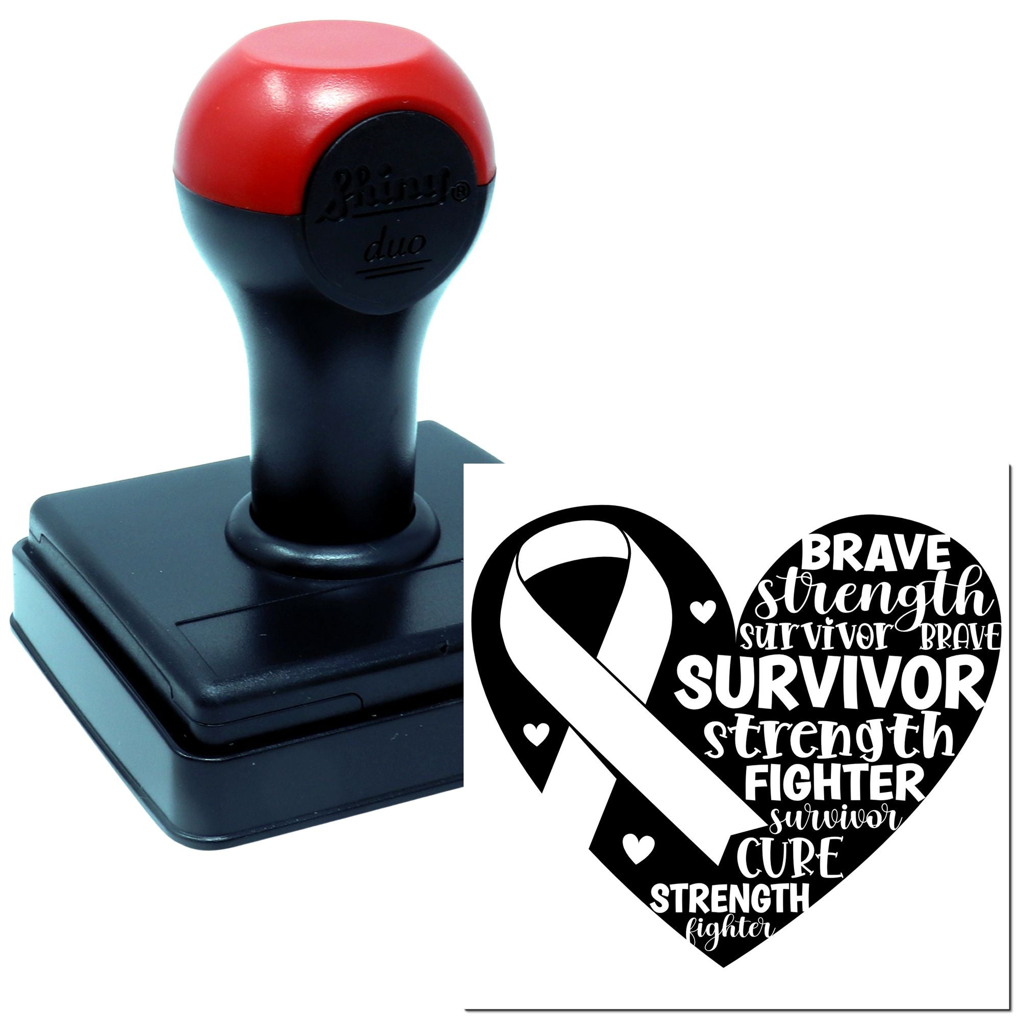 Breast cancer awareness rubber stamp with survivor ribbon heart design for custom cards, crafts, and support messages.