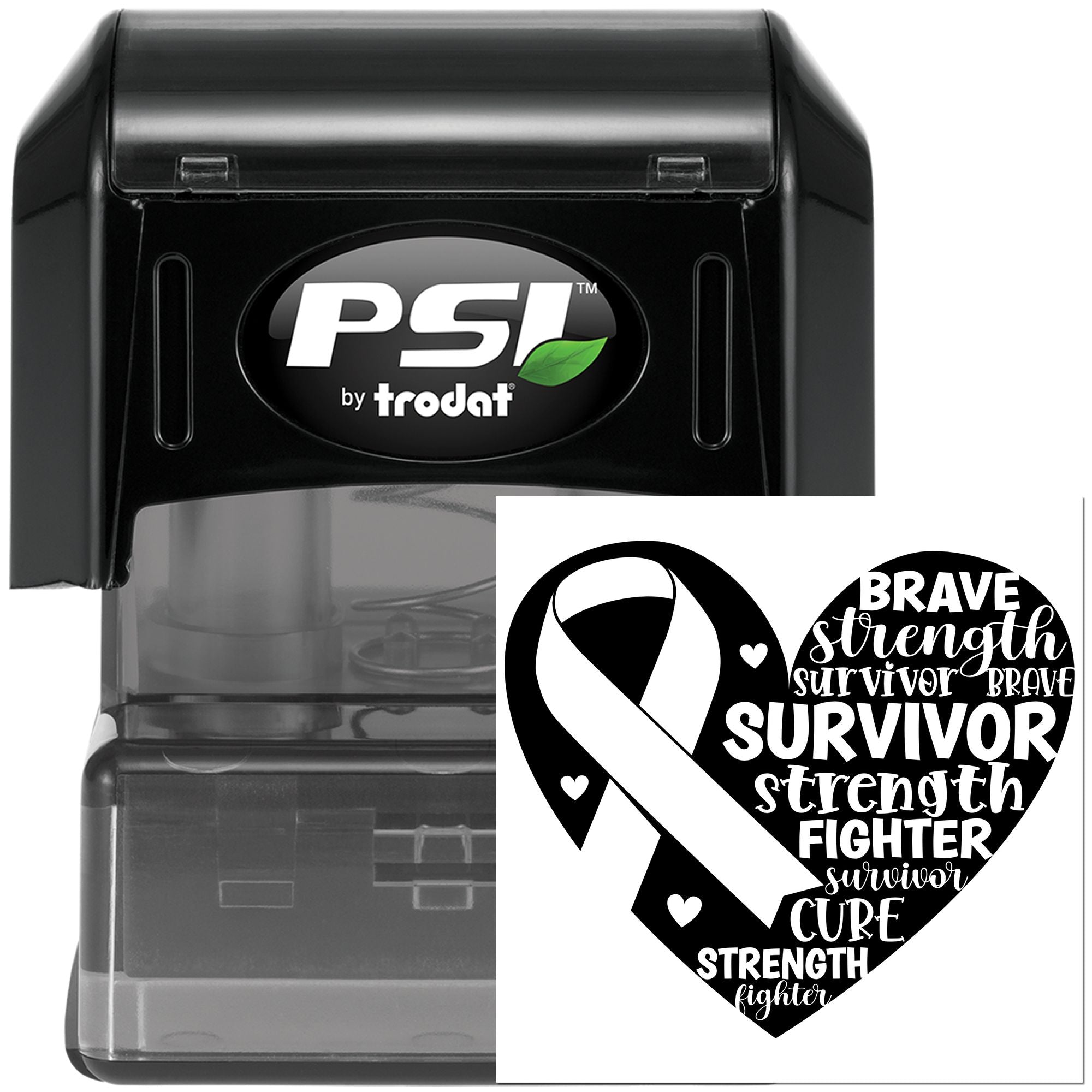 PSI by Trodat self-inking rubber stamp with breast cancer survivor ribbon and support heart design