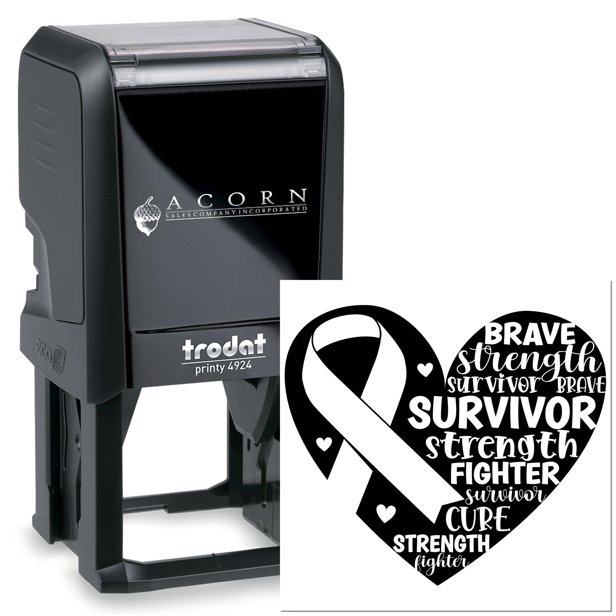 Custom self-inking rubber stamp with breast cancer survivor ribbon design for custom branding, cards, and awareness projects.