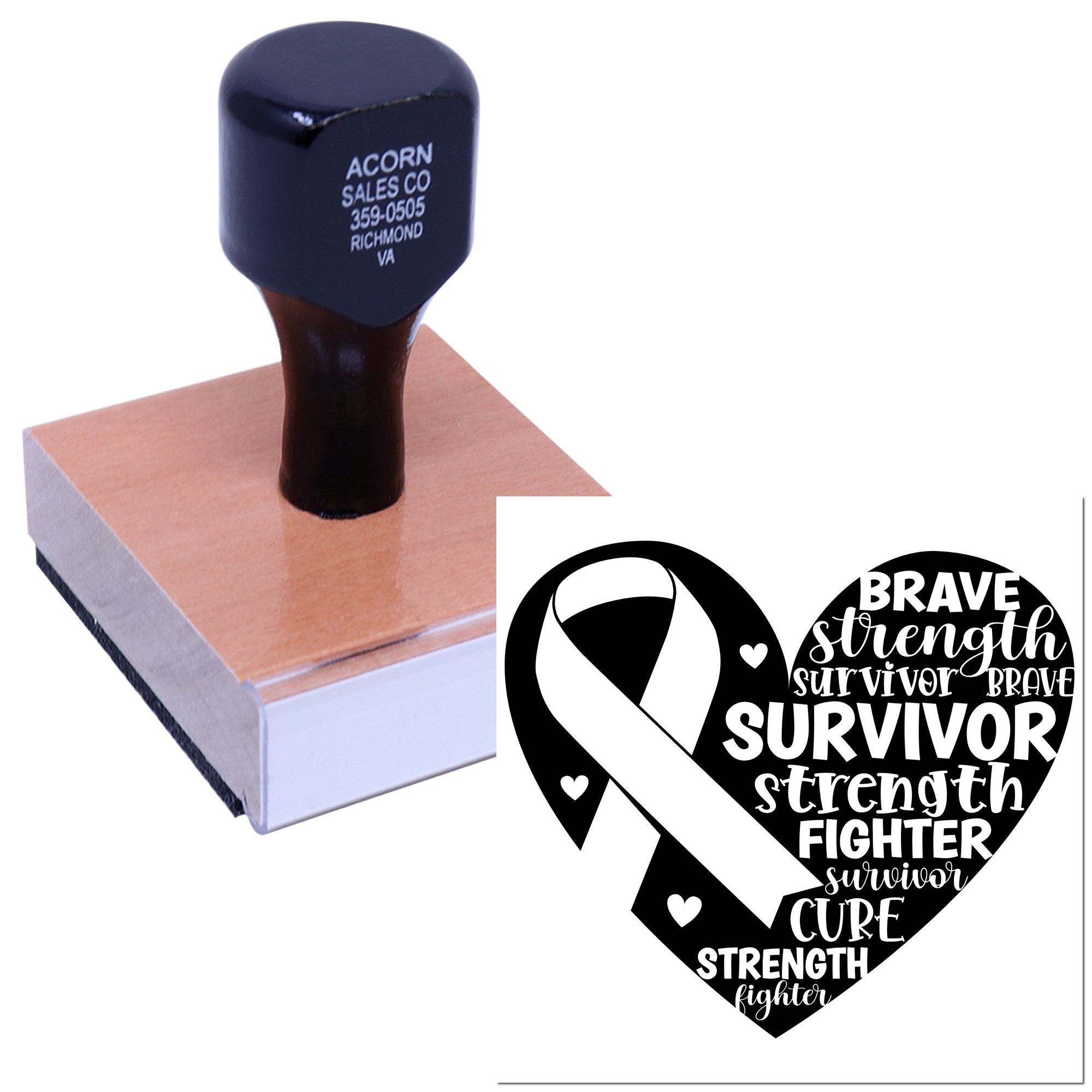 Breast cancer awareness rubber stamp with ribbon heart design and survivor, brave, strength, fighter, cure word art.