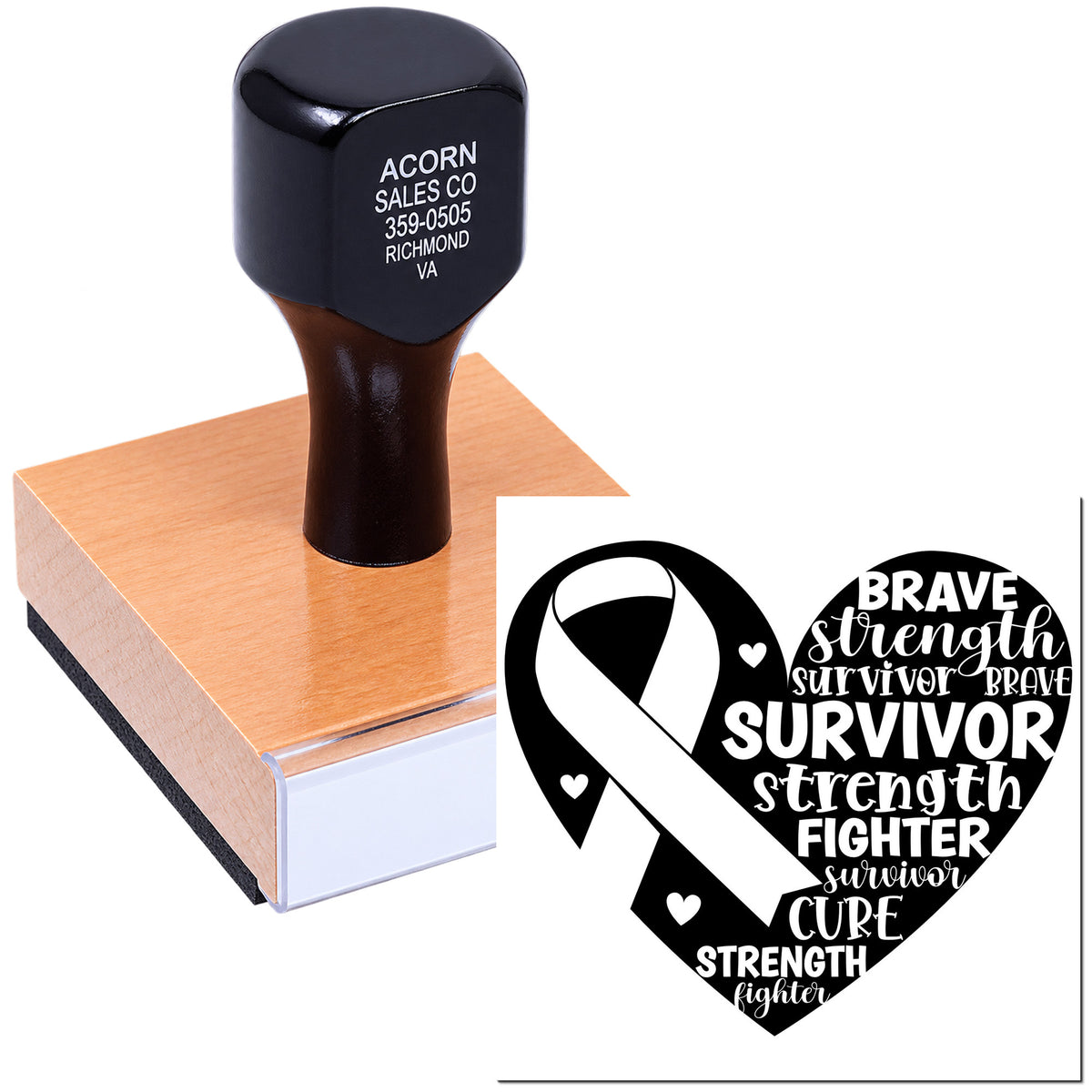 Breast cancer awareness rubber stamp with ribbon heart design and survivor, brave, strength, fighter, cure word art.