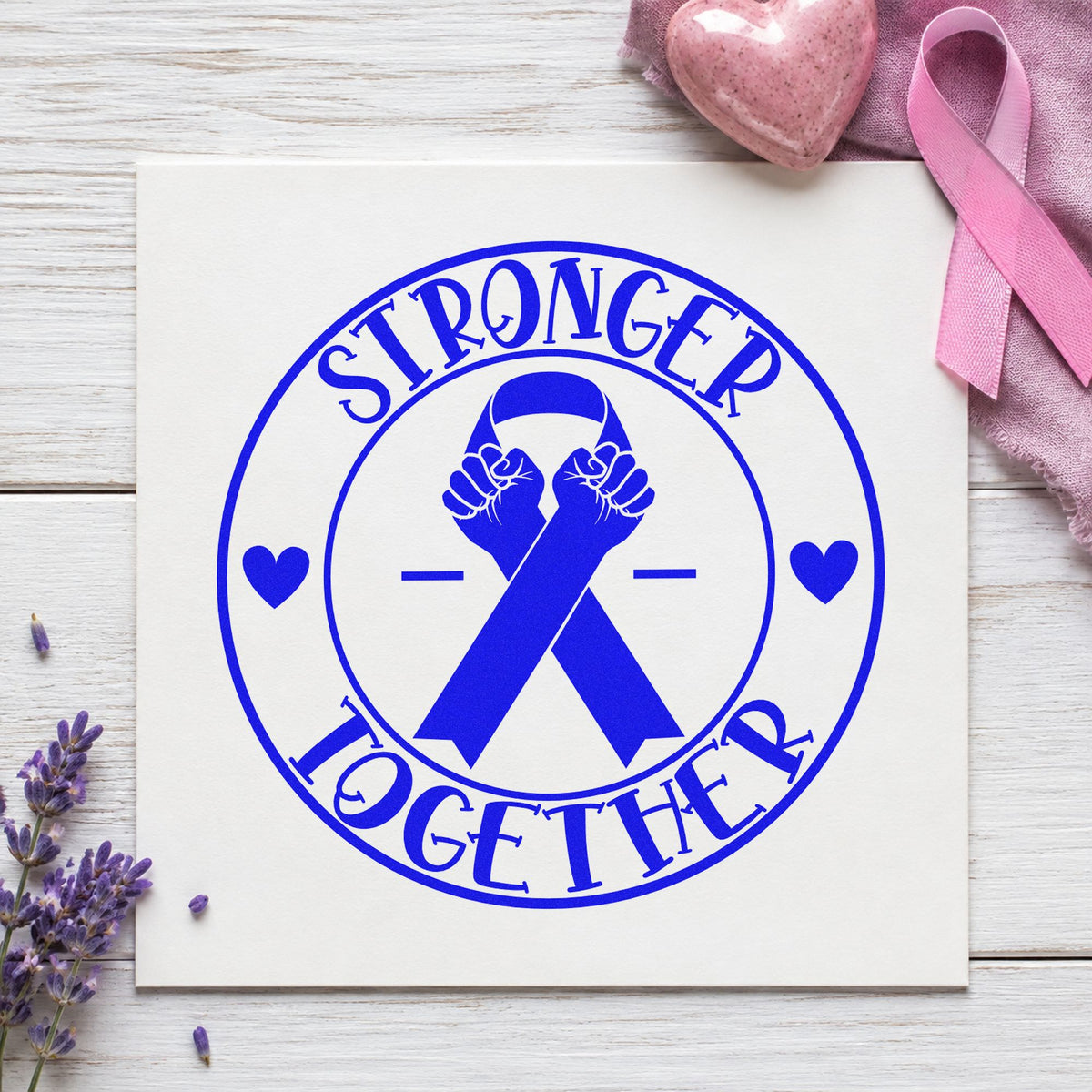 Stronger Together Ribbon Badge craft stamp in blue ink on cardstock, an easy option for office campaign signs.