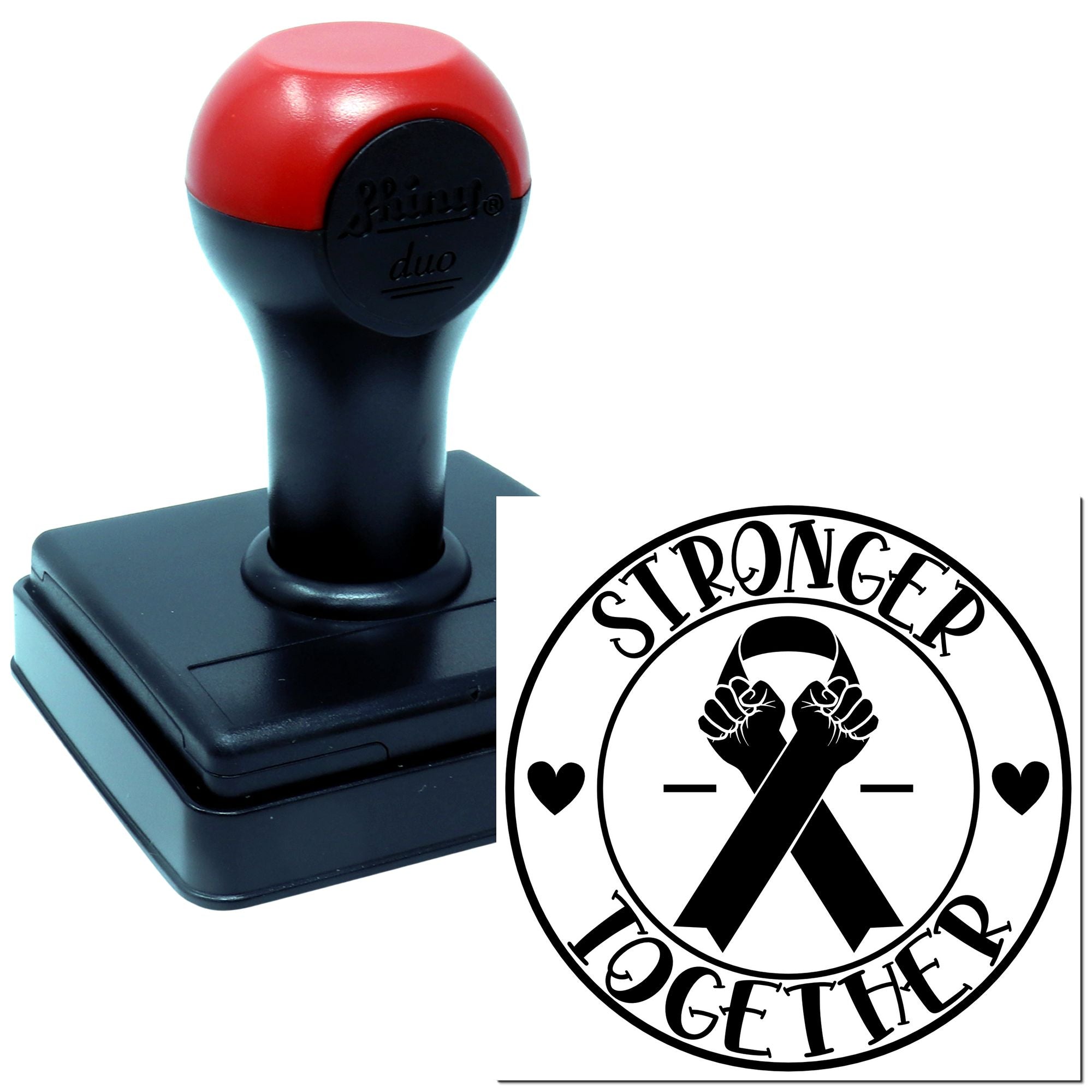 Custom self-inking rubber stamp with Stronger Together awareness ribbon design for support and fundraising materials