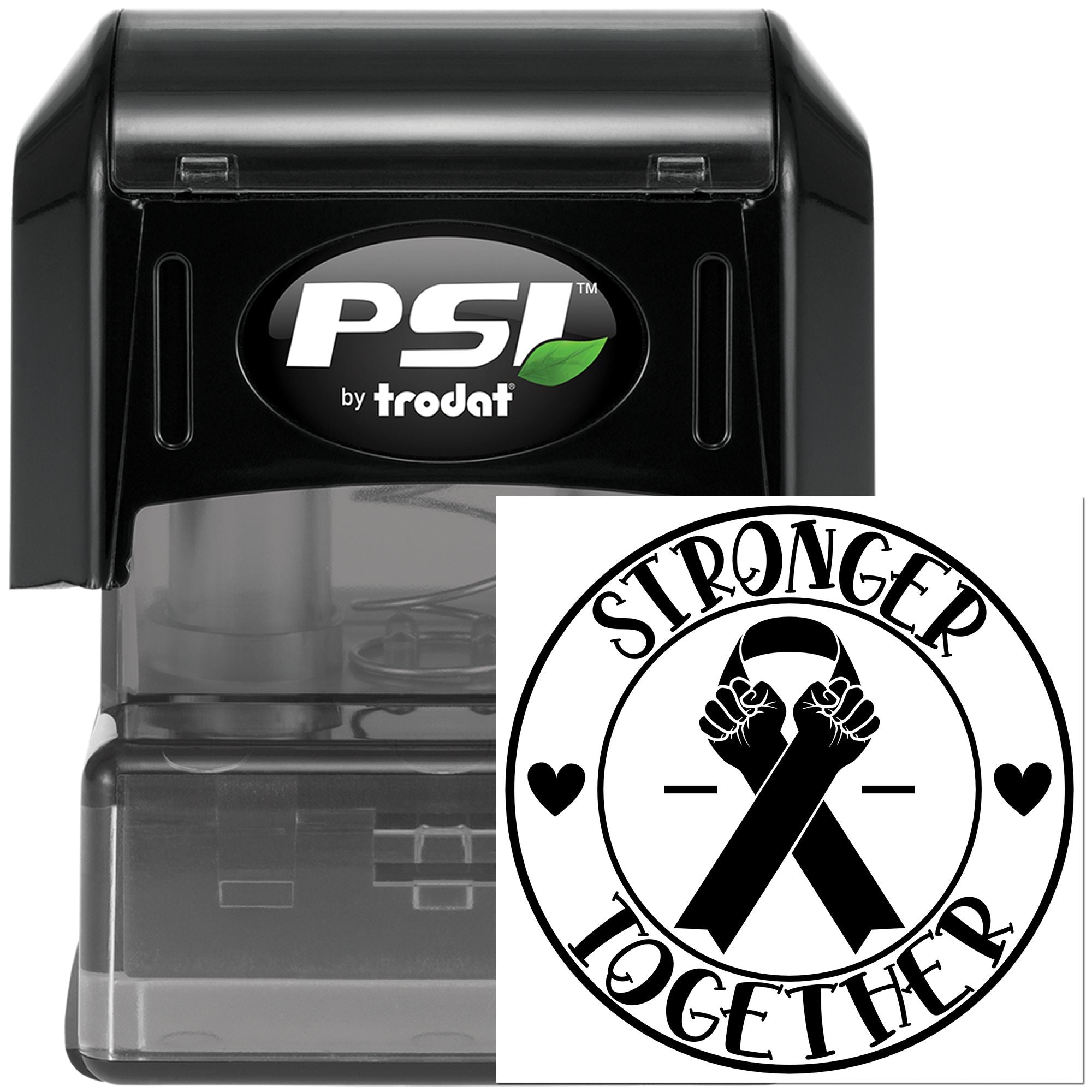 PSI by Trodat self-inking rubber stamp with Stronger Together awareness ribbon design for custom rubber stamping.