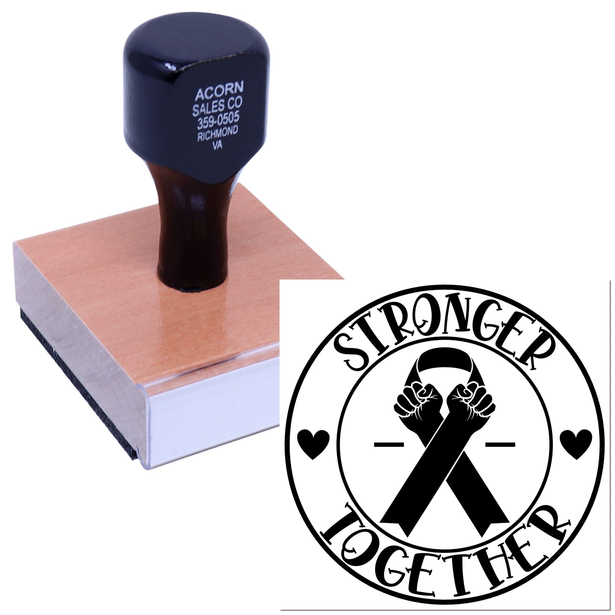 Custom rubber stamp with Stronger Together ribbon design for awareness campaigns, fundraising, and support messaging.