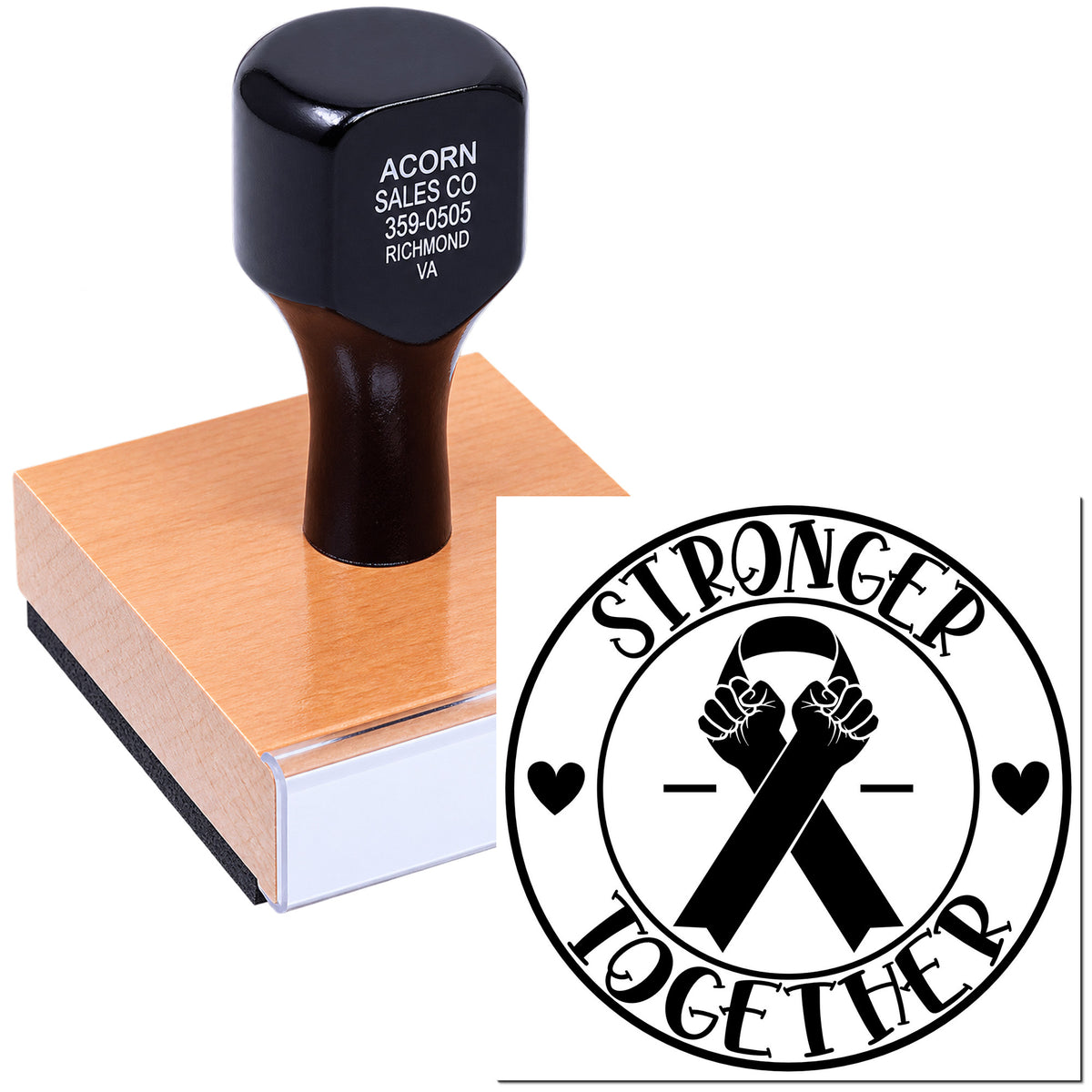 Custom rubber stamp with Stronger Together ribbon design for awareness campaigns, fundraising, and support messaging.