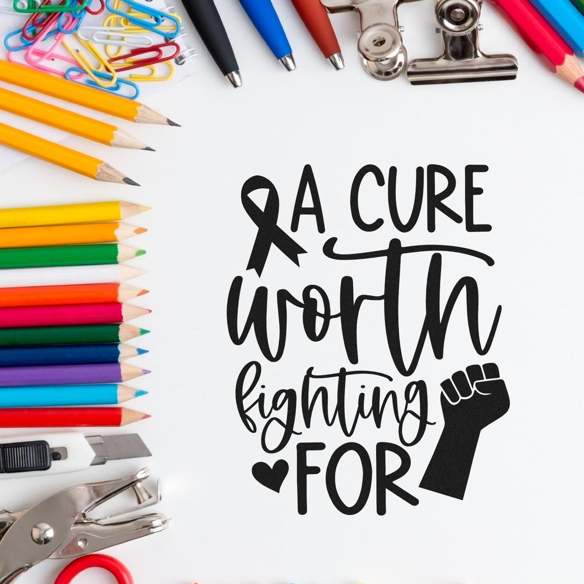 Premium Wooden A Cure Worth Fighting For Awareness Ribbon Stamp - Vintage Pro imprint stamped in black ink. An awareness ribbon, raised fist, and heart accompany "A cure worth fighting for."