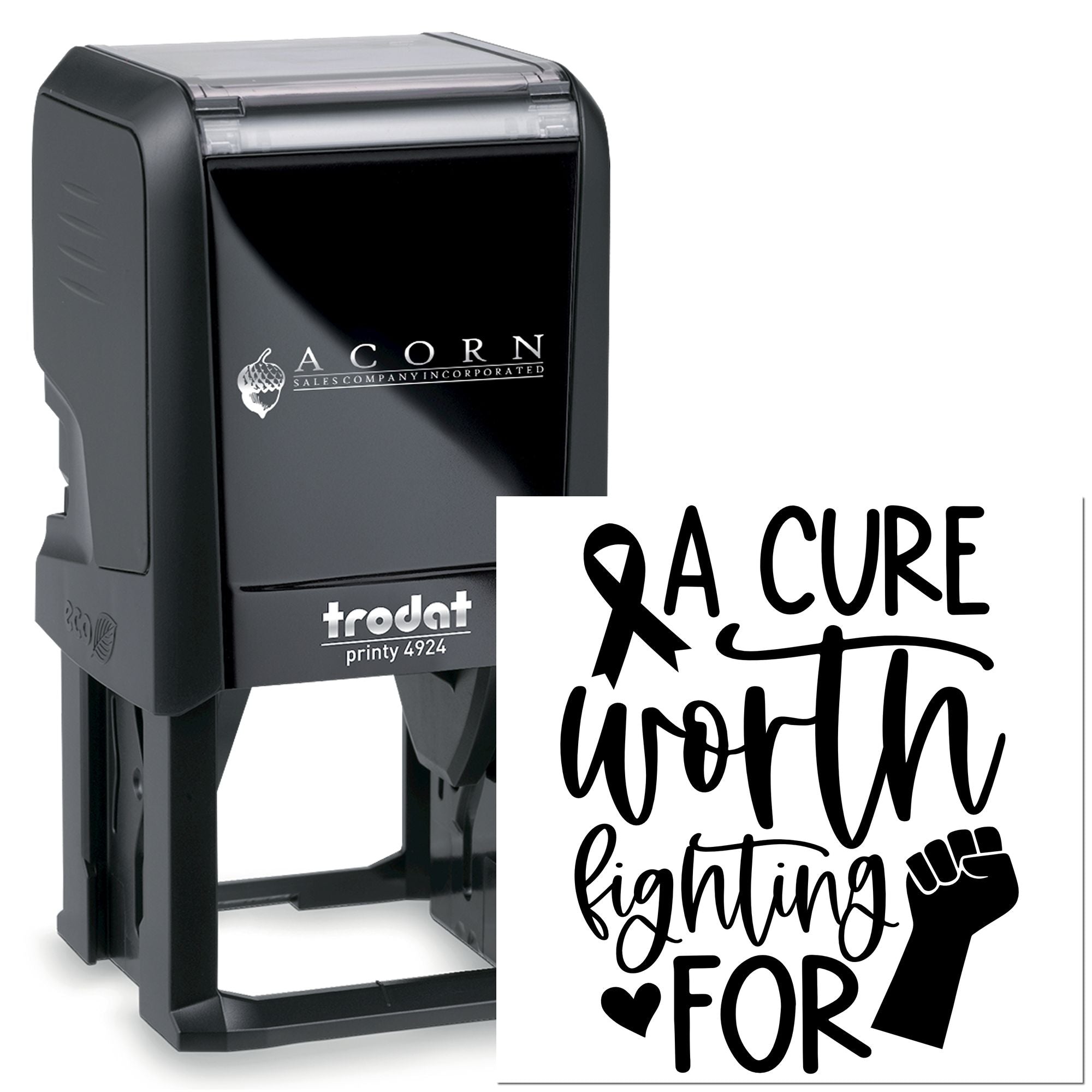 Self-inking breast cancer awareness rubber stamp with A Cure Worth Fighting For ribbon and fist design.