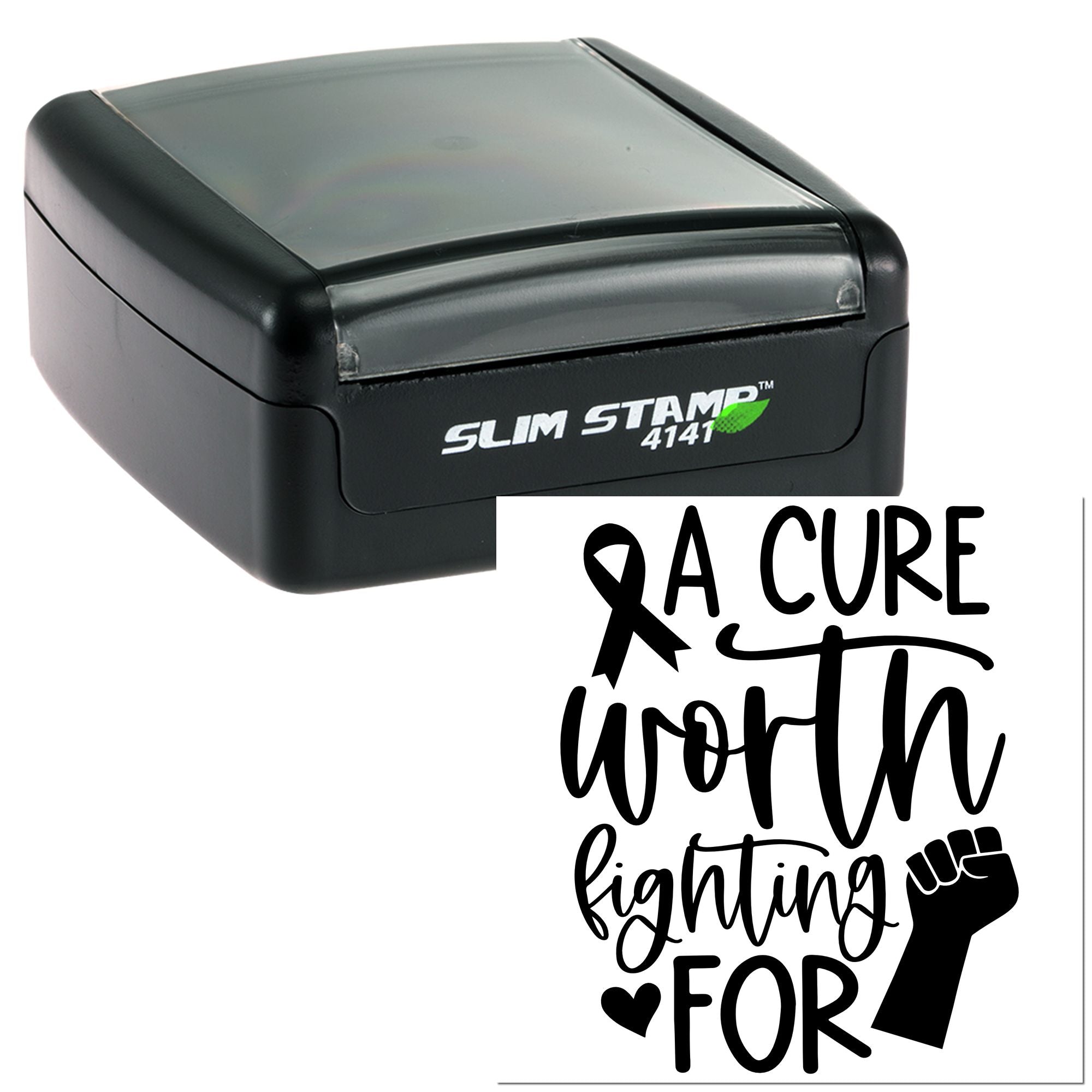 Self-inking rubber stamp with A Cure Worth Fighting For breast cancer awareness design featuring ribbon and raised fist.