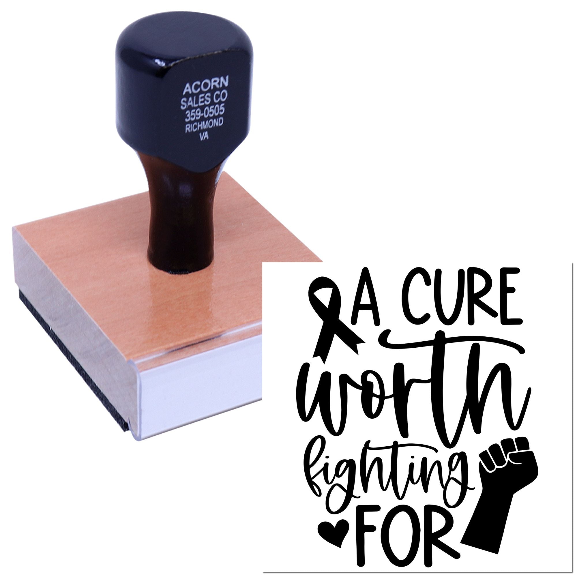 Custom cancer awareness rubber stamp featuring pink ribbon and A Cure Worth Fighting For message