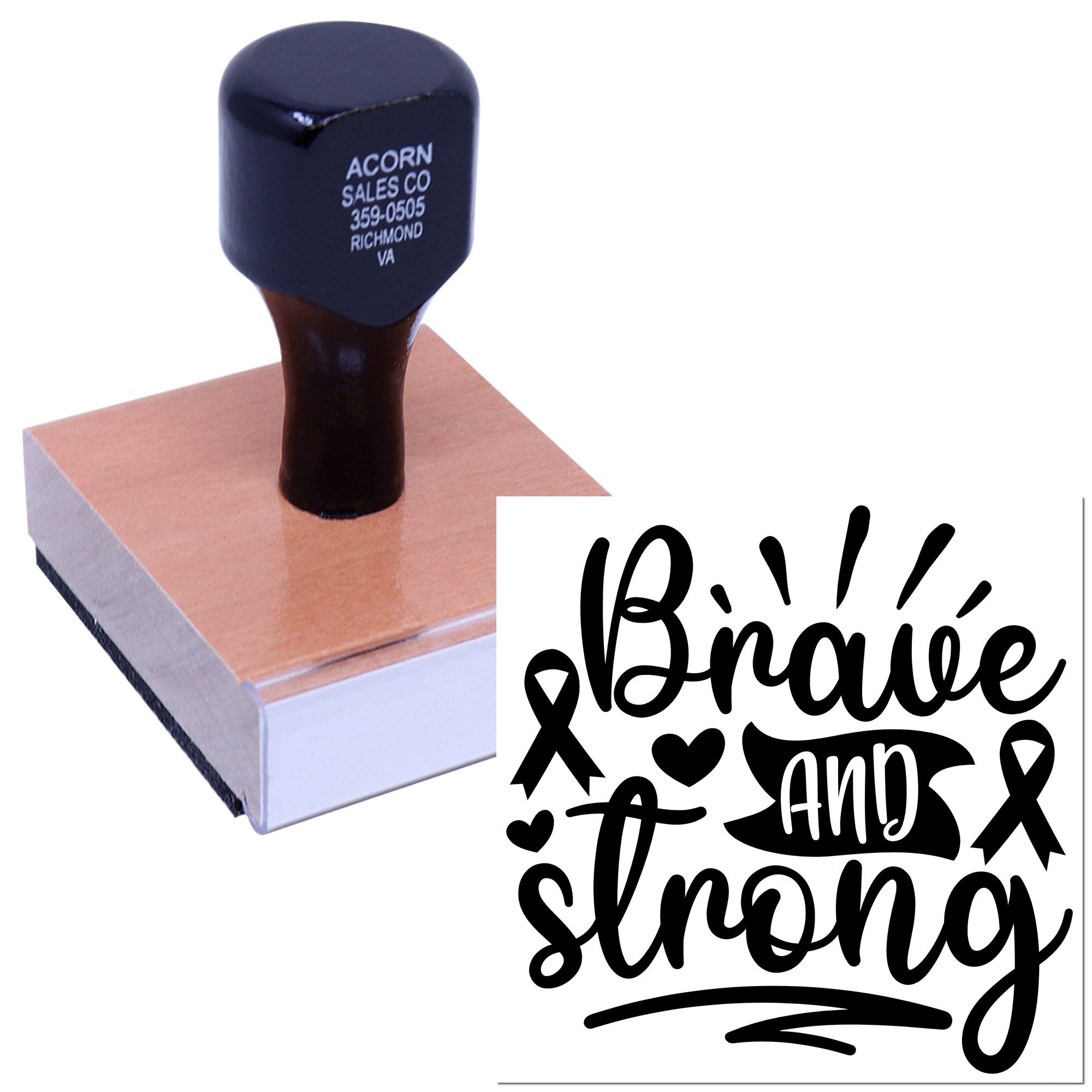 Custom rubber stamp featuring Brave and Strong awareness ribbon design for inspirational fundraising, crafts, and cancer support.