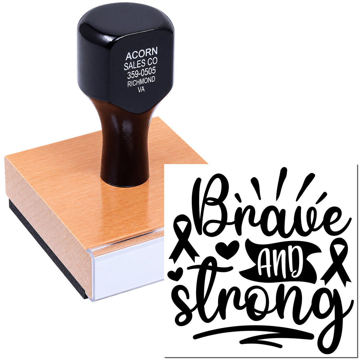 Custom rubber stamp featuring Brave and Strong awareness ribbon design for inspirational fundraising, crafts, and cancer support.