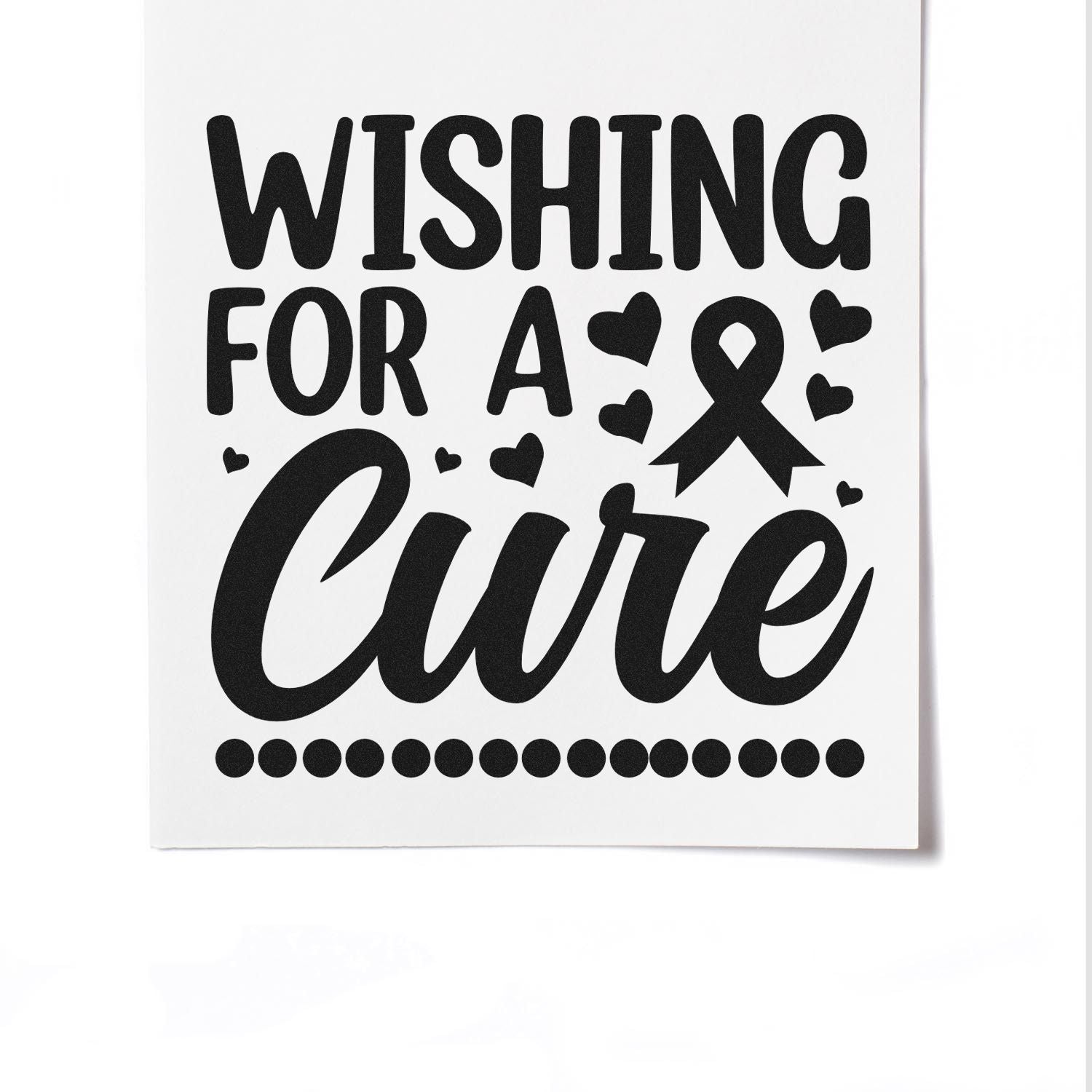 Wishing for a Cure cancer awareness rubber stamp with ribbon and hearts for cards, scrapbooking, and fundraising.