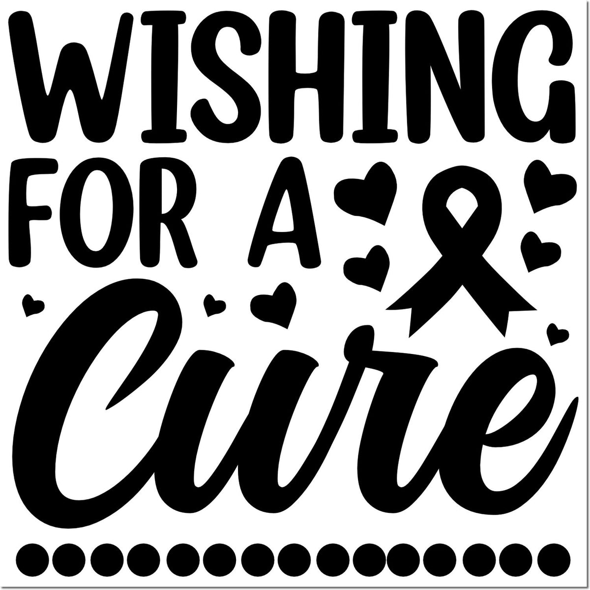 Breast cancer awareness rubber stamp design reading Wishing for a Cure with ribbon and hearts for support campaigns.