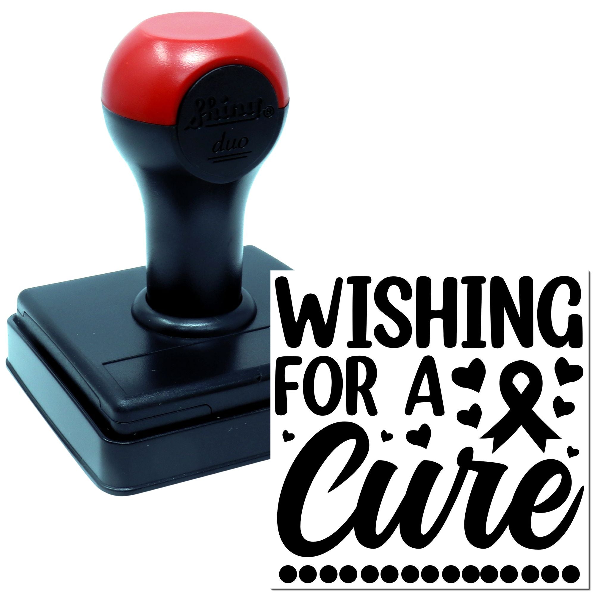 Self-inking rubber stamp with Wishing for a Cure awareness design and hearts, ideal for custom fundraising and cause support.