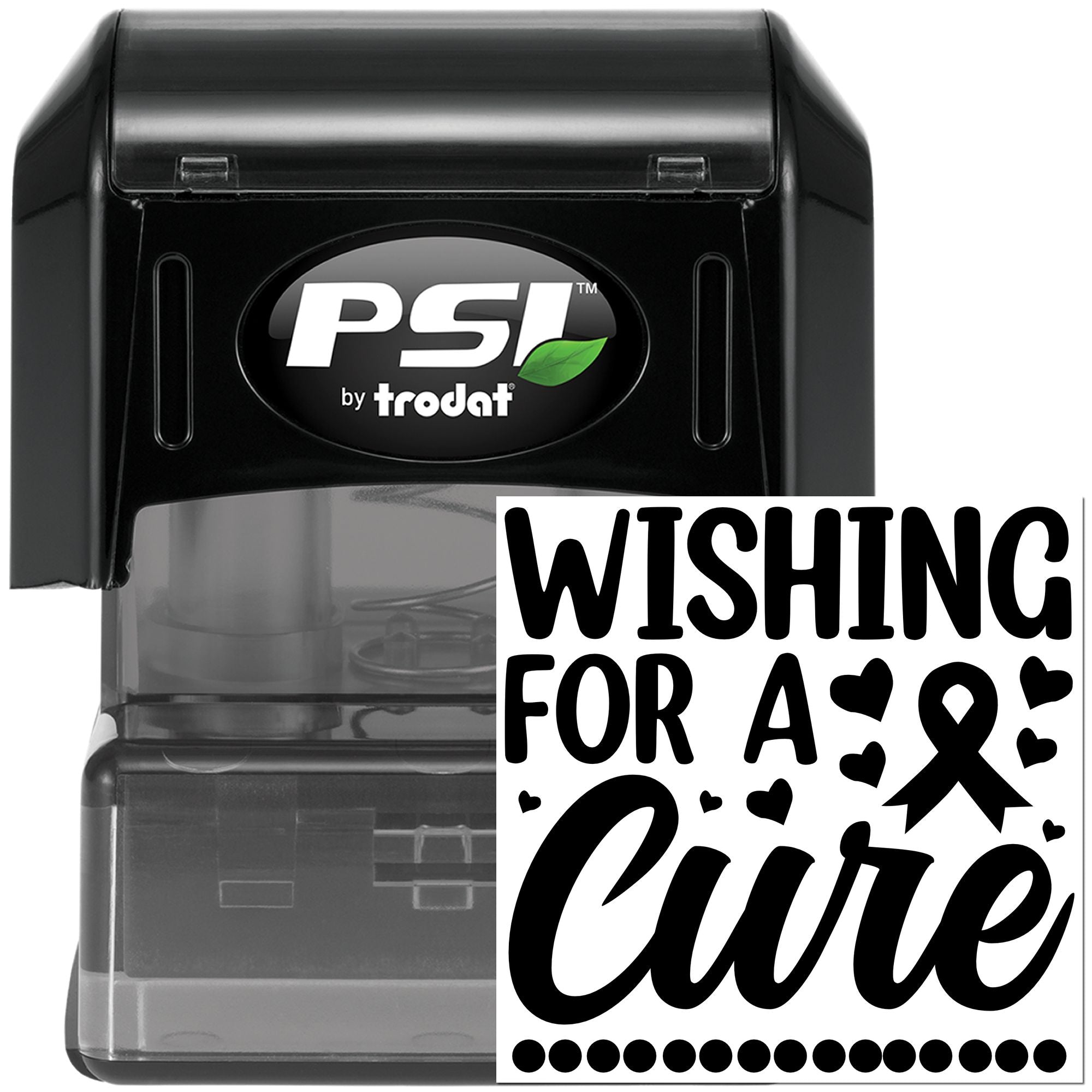 PSI by Trodat self-inking rubber stamp with Wishing for a Cure cancer awareness ribbon design