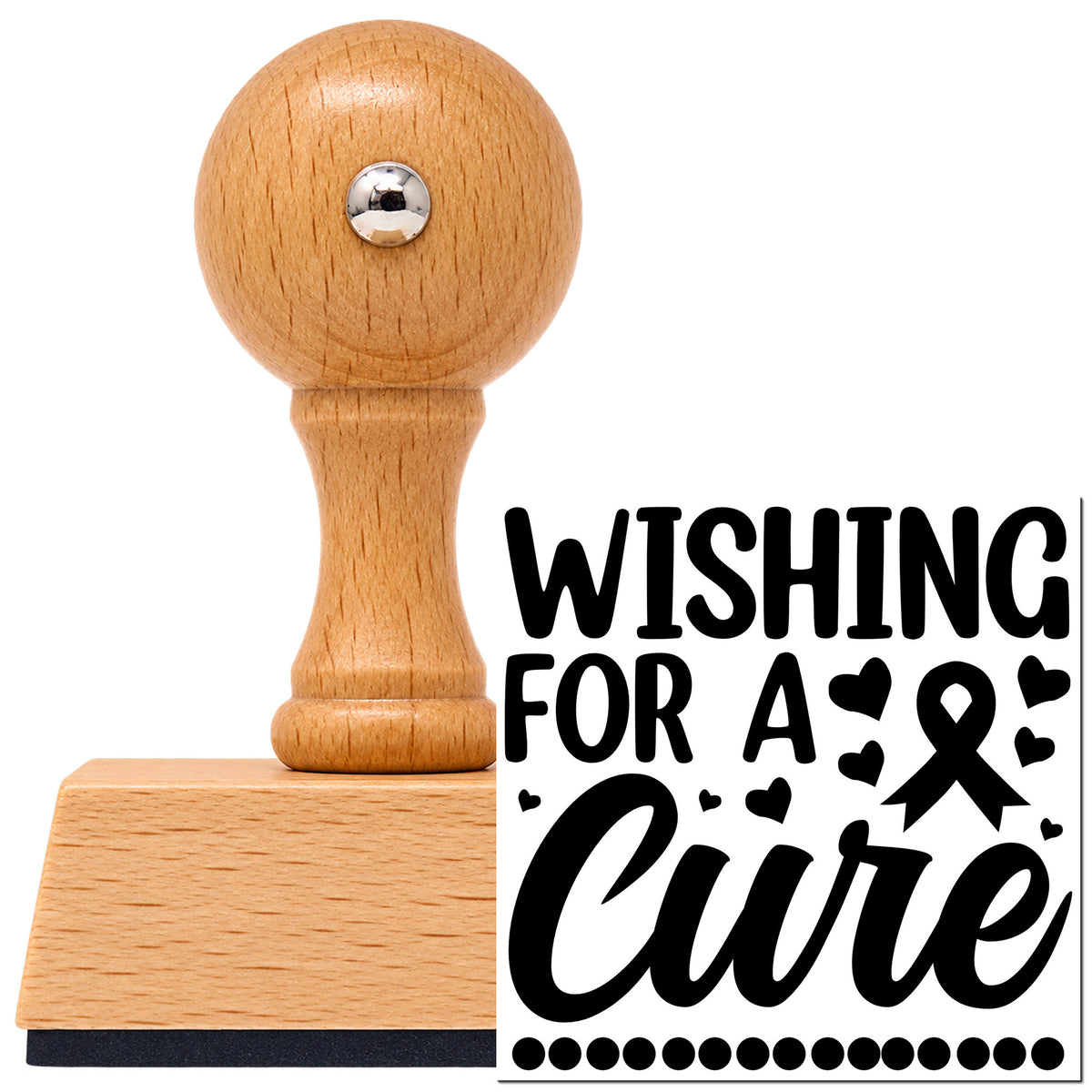Wishing For A Cure Awareness Ribbon Vintage Pro rubber stamp in European beech wood with a round knob handle, shown beside its black imprint.