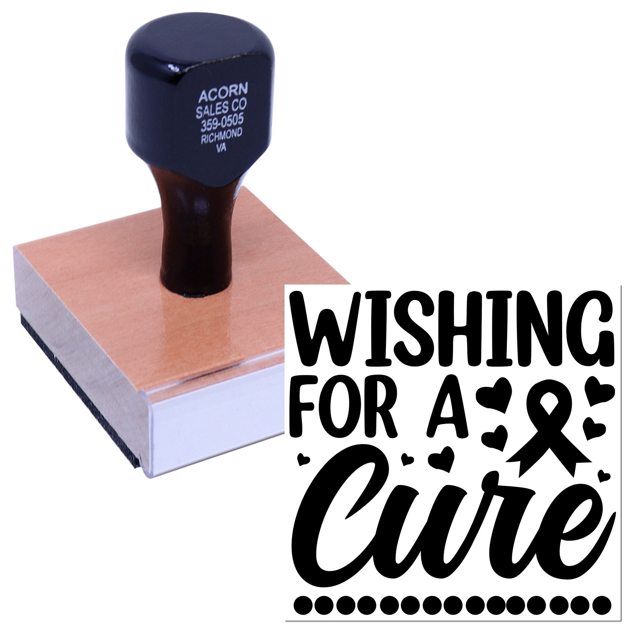 Custom rubber stamp reading Wishing for a Cure with ribbon and hearts for cancer awareness fundraising.