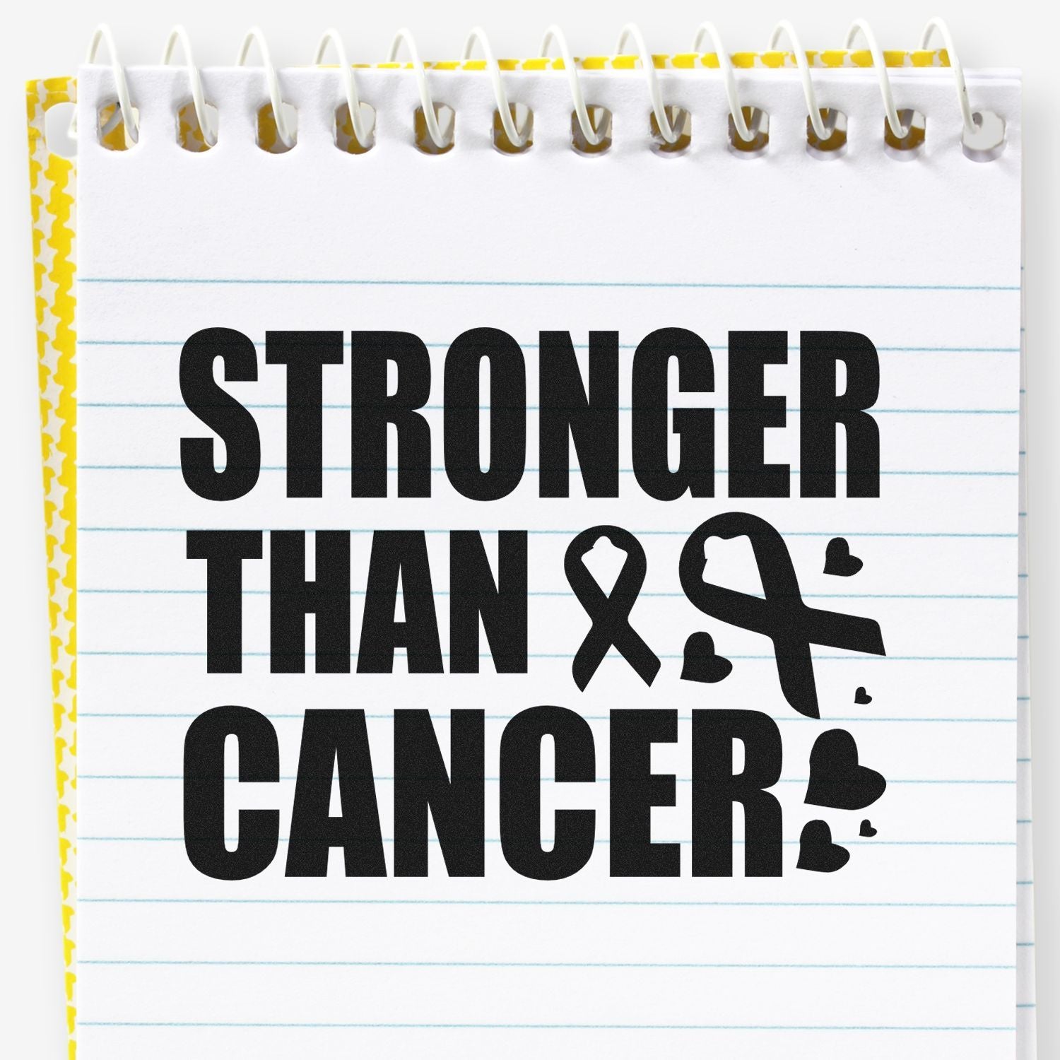 Stronger Than Cancer inspirational cancer awareness rubber stamp design with ribbon and hearts on a notepad.