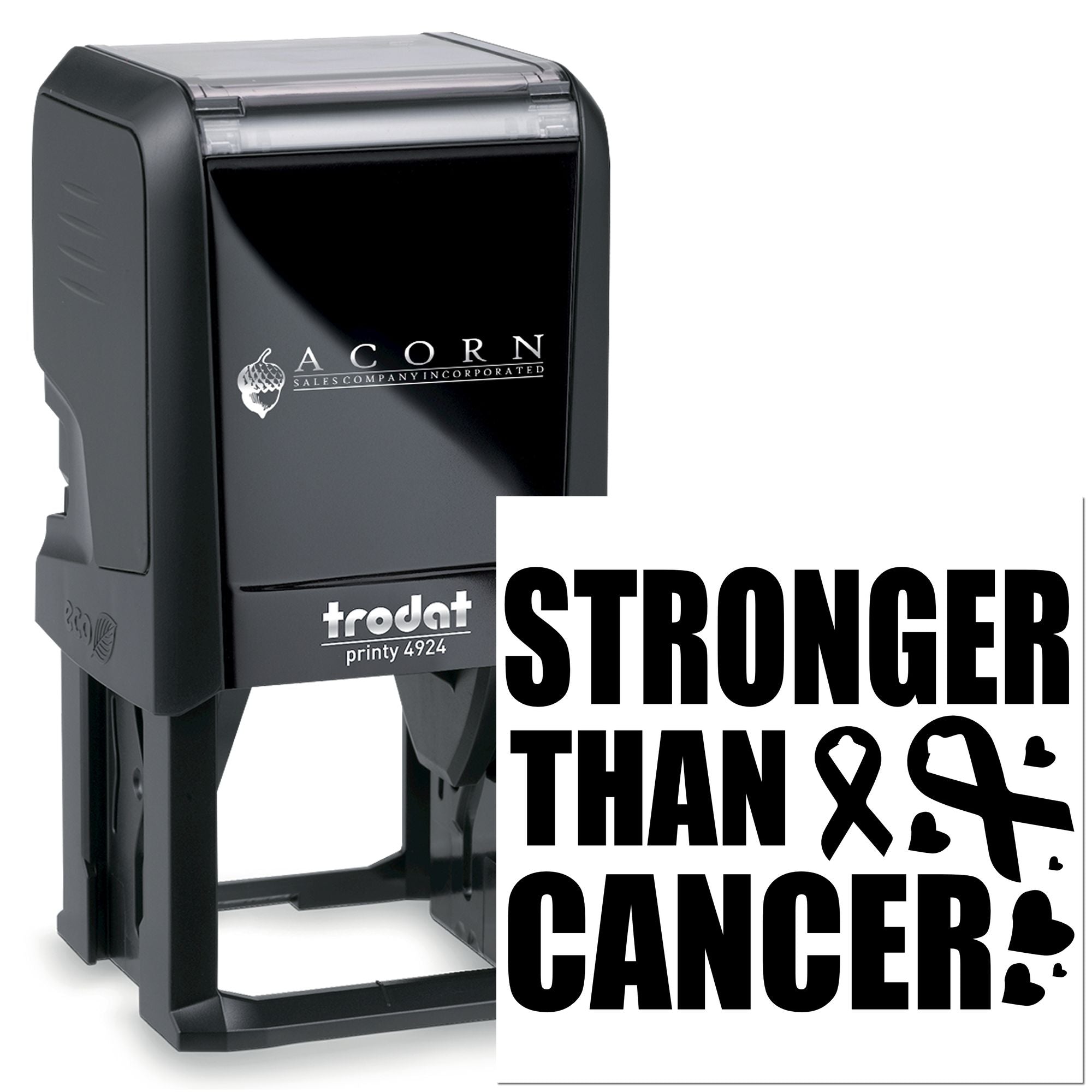 Black Trodat self-inking rubber stamp with Stronger Than Cancer imprint for awareness and fundraising campaigns