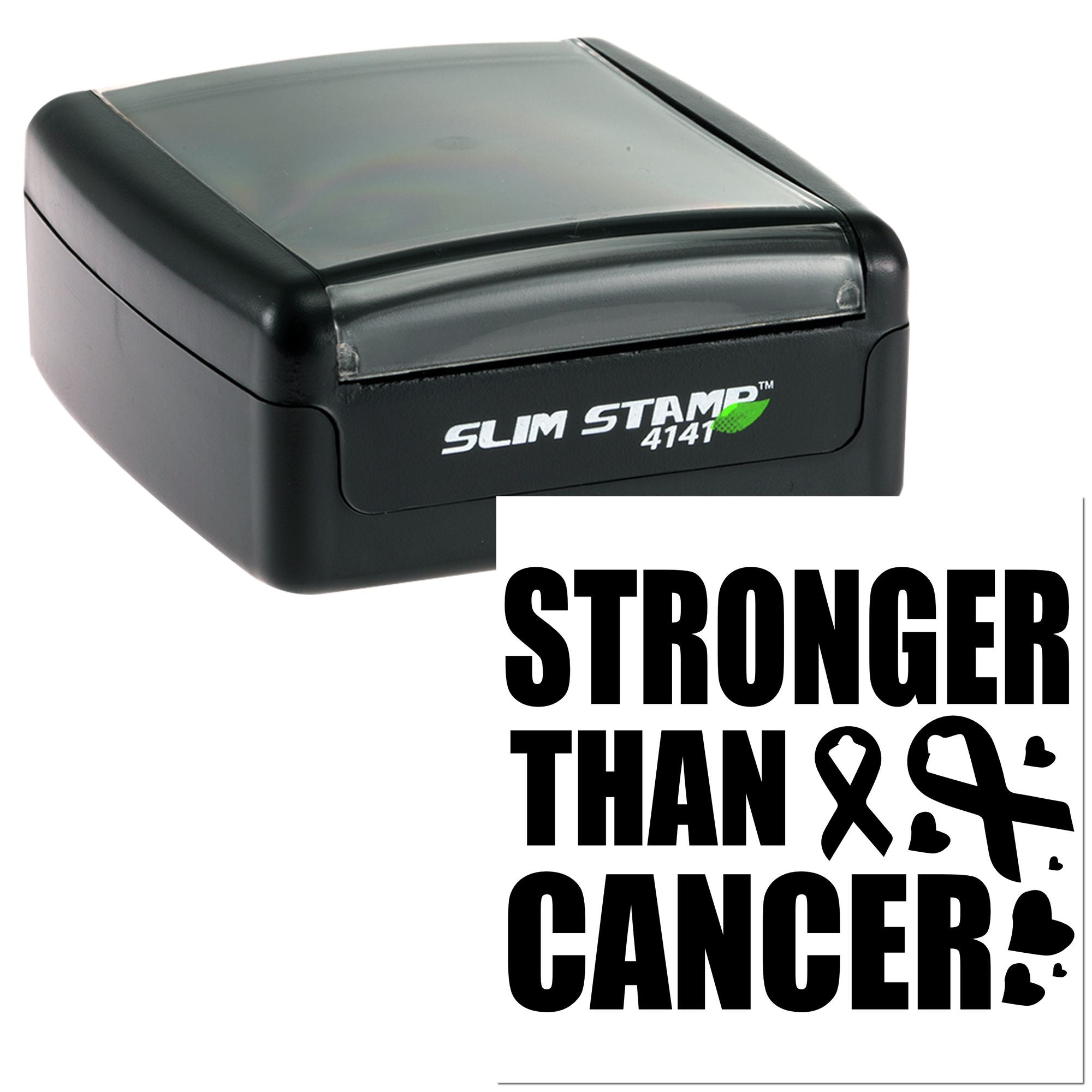 Self-inking slim rubber stamp showing a Stronger Than Cancer awareness design for custom cancer support stamping.