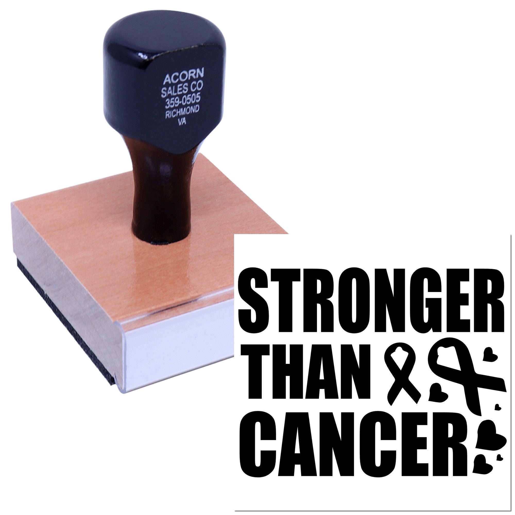 Custom rubber stamp with Stronger Than Cancer design for cancer awareness fundraising and support messages.