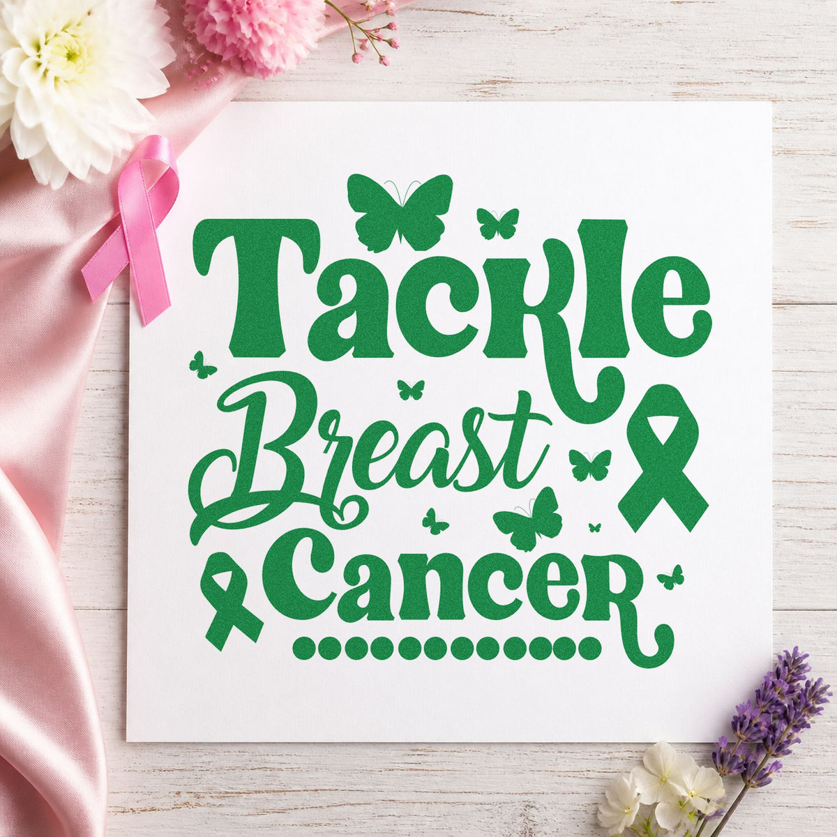Tackle Breast Cancer Butterflies craft stamp in green ink on cardstock, an easy option for garden party invites.