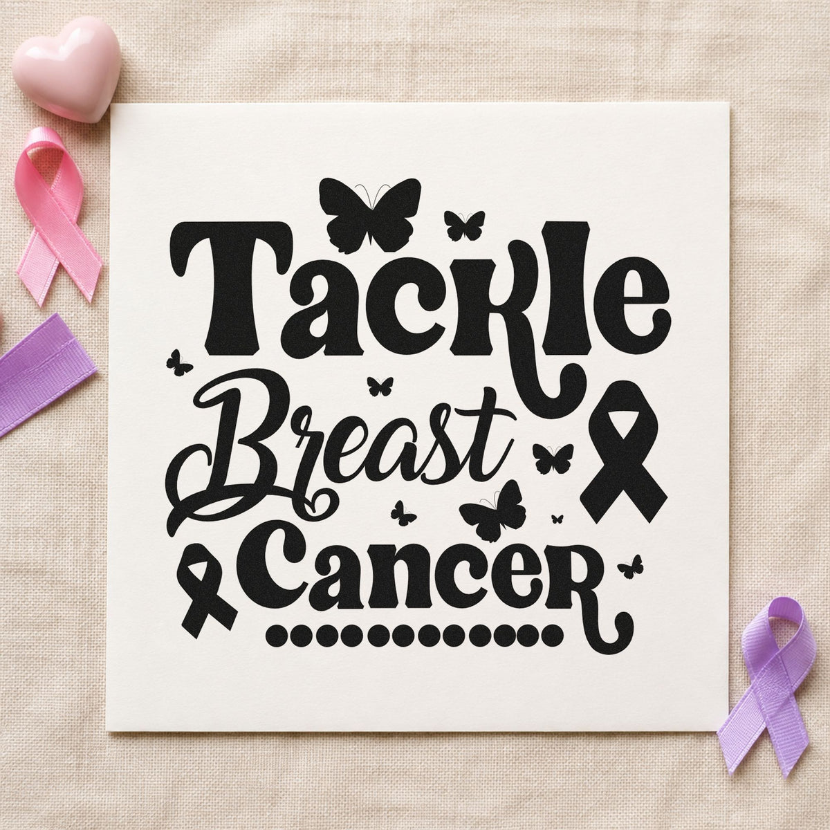 Tackle Breast Cancer Butterflies craft stamp imprint in black ink on a handmade project, one idea being scrapbook walk pages.