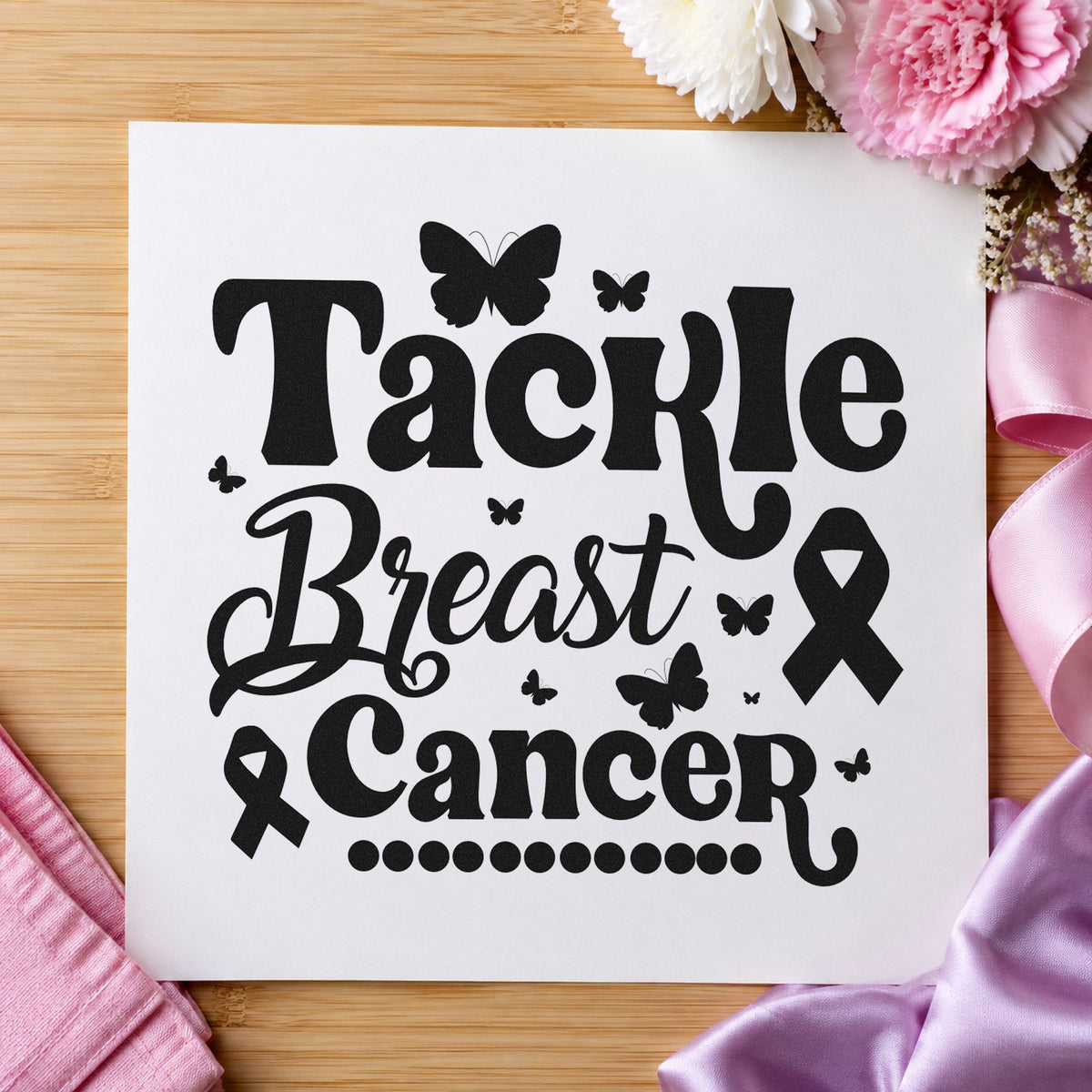 Tackle Breast Cancer Butterflies rubber stamp printed in black ink, ready for release ceremony tags and similar paper crafts.