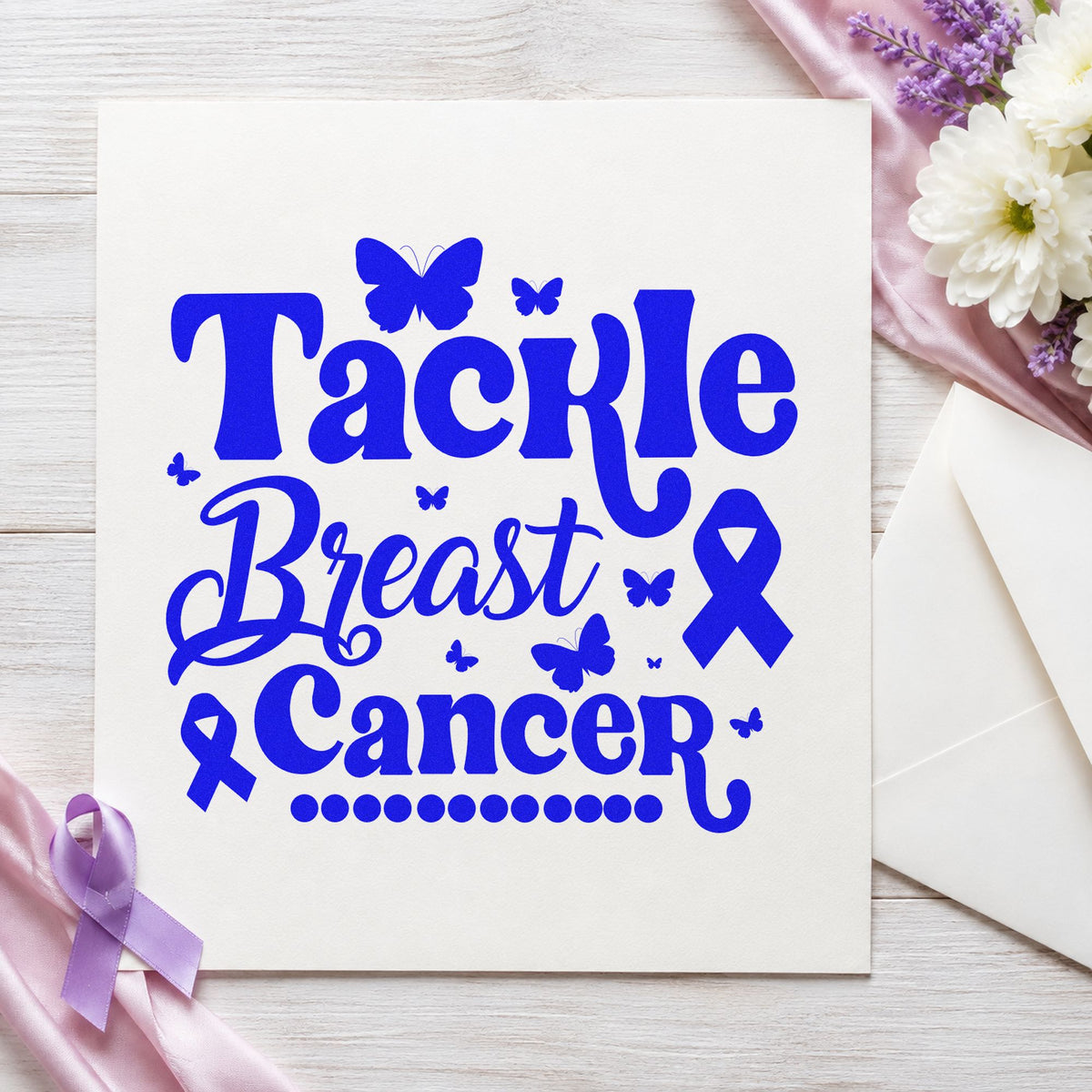 Tackle Breast Cancer Butterflies craft stamp in blue ink on cardstock, an easy option for tote bag printing.