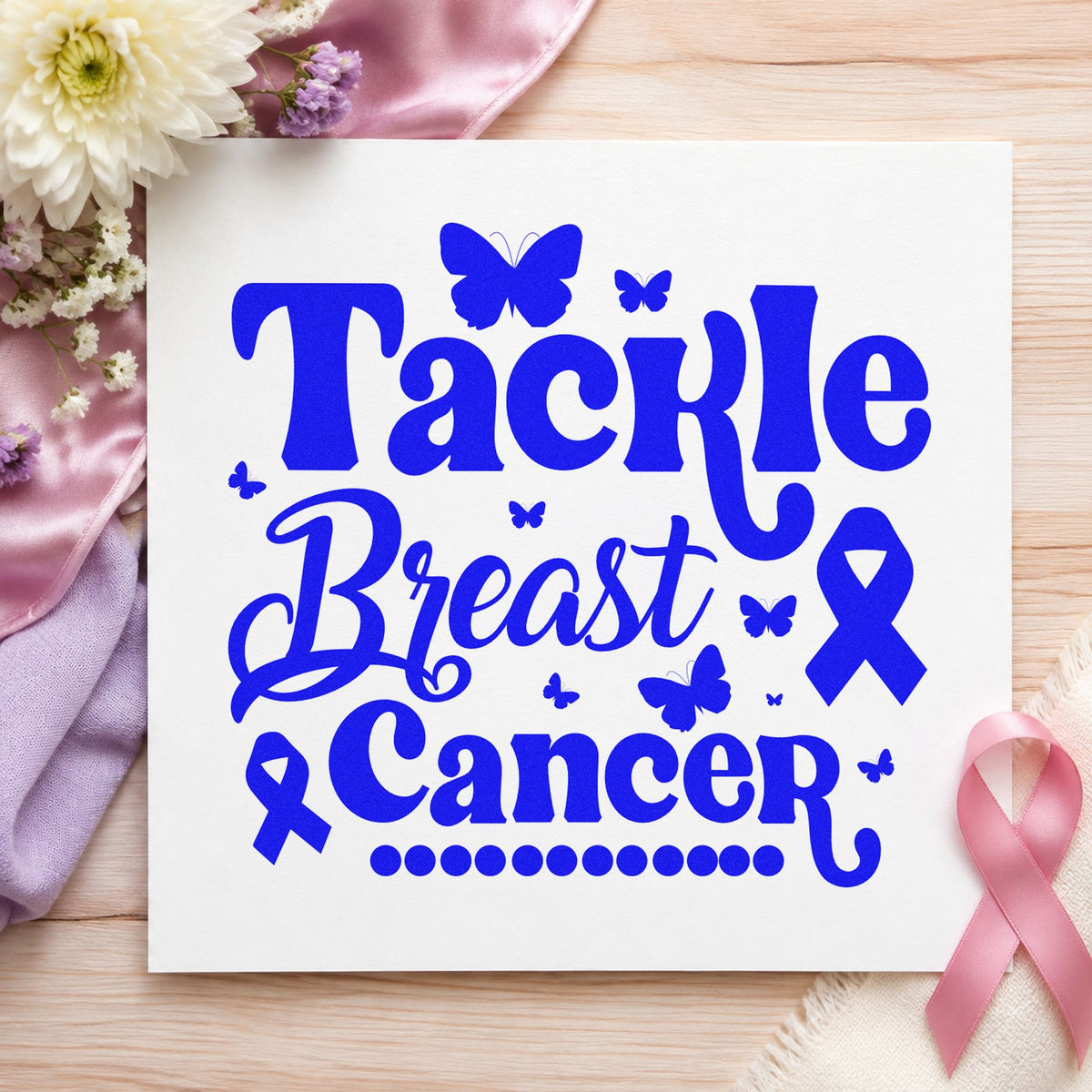 Tackle Breast Cancer Butterflies craft stamp imprinted in blue ink on paper, a design suited to care basket tags.