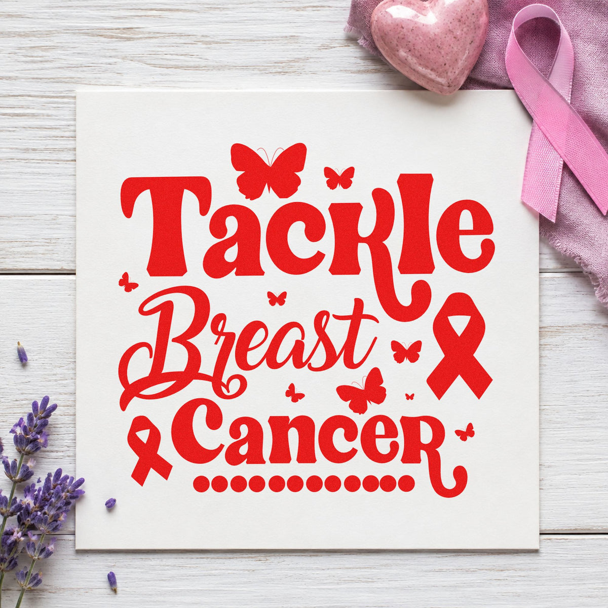 Tackle Breast Cancer Butterflies rubber stamp shown in red ink, stamped for projects such as classroom pink day crafts.