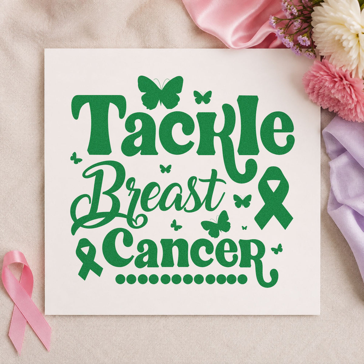 Tackle Breast Cancer Butterflies craft stamp imprint in green ink on a handmade project, one idea being planner milestone marks.